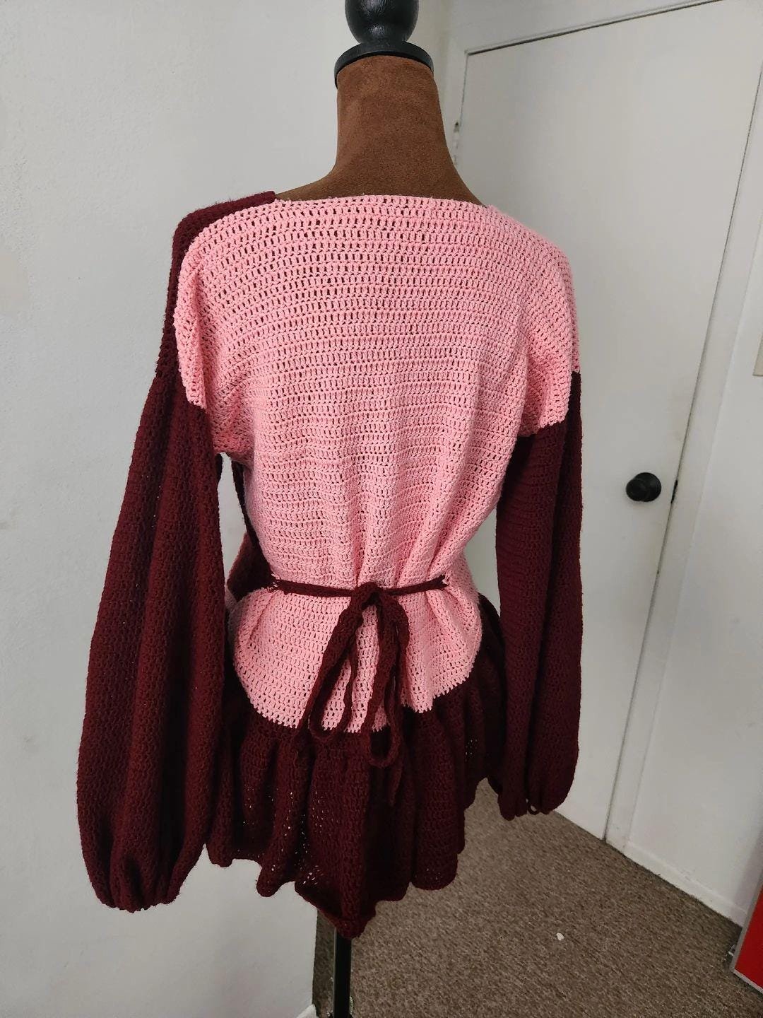 Handmade Crochet V-neck Peplum Top, Buttoned Down Ruffle Blouse; Fall Co-Operate Business Fashion