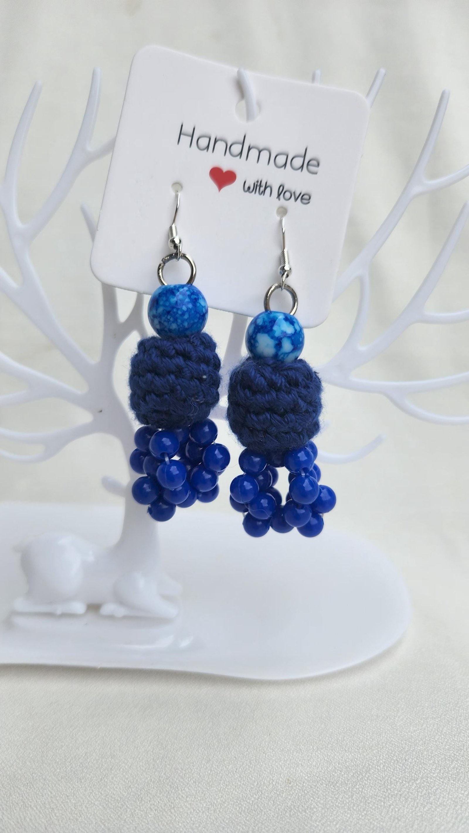 Handmade Crochet Blue Inverted Pineapple-shaped Earrings; Crafted Beaded Jewelry; Custom-made gifts for her