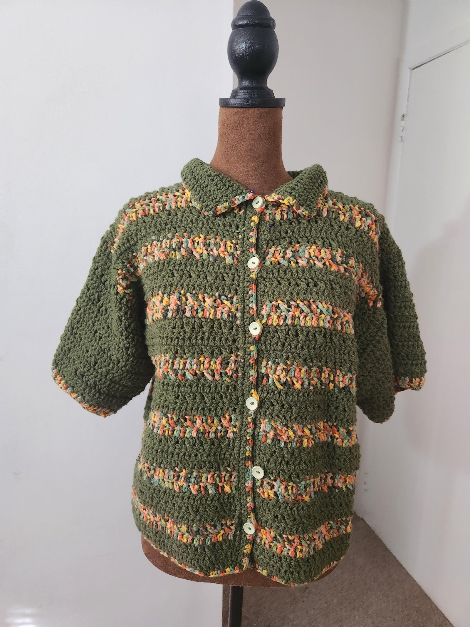 Handmade Crochet Forest Buttoned Shirt: Ombre Green Striped Cardigan