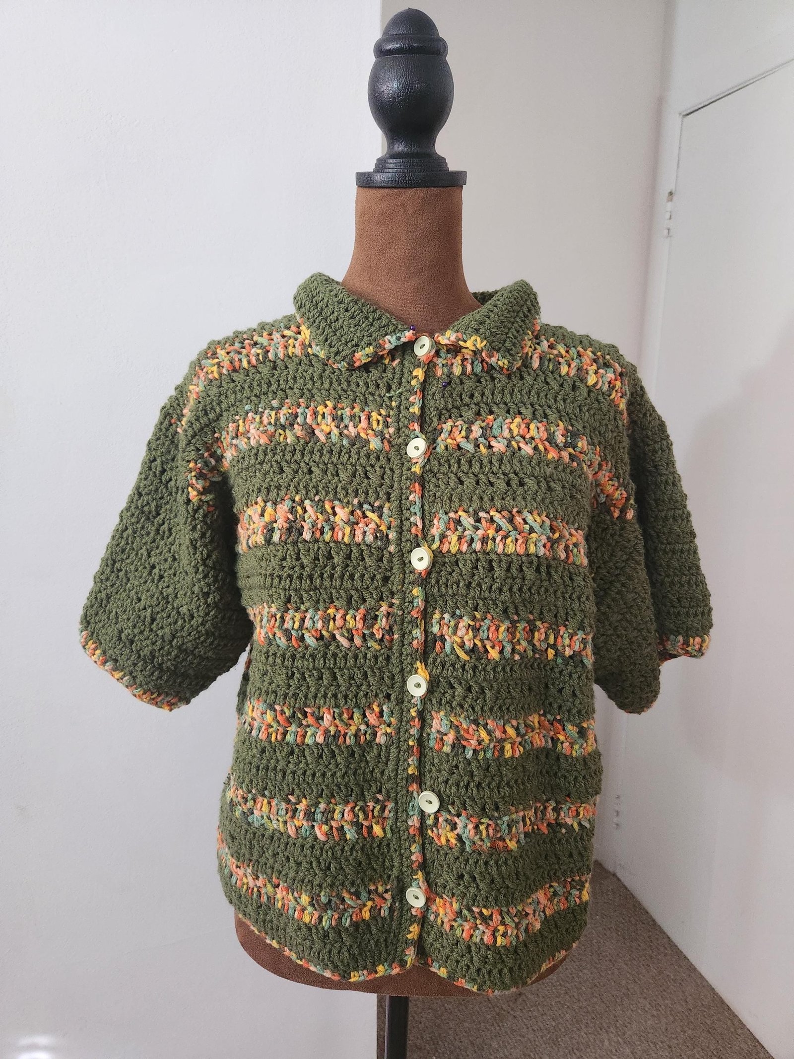 Handmade Crochet Forest Buttoned Shirt: Ombre Green Striped Cardigan