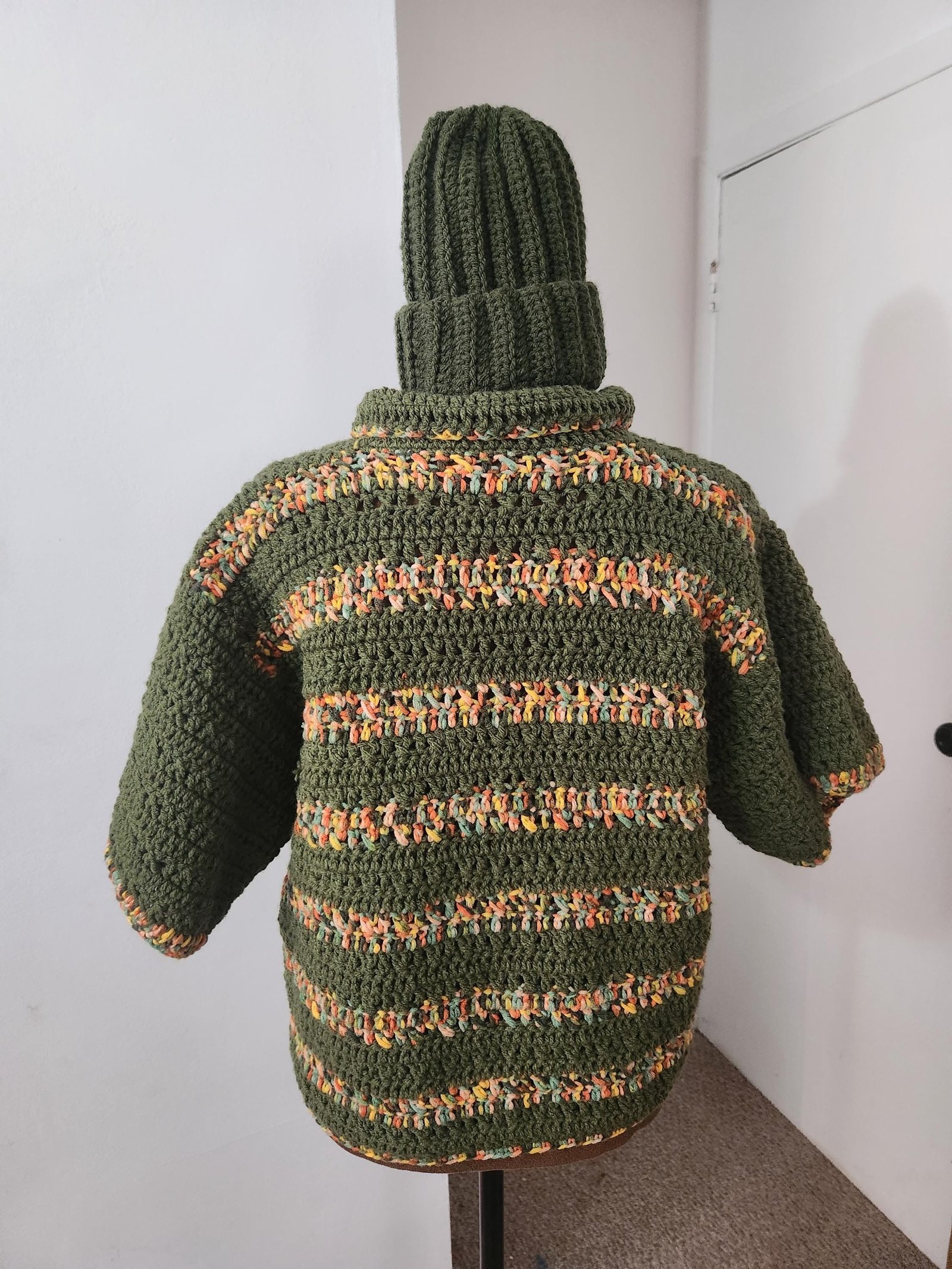 Handmade Crochet Forest Buttoned Shirt: Ombre Green Striped Cardigan