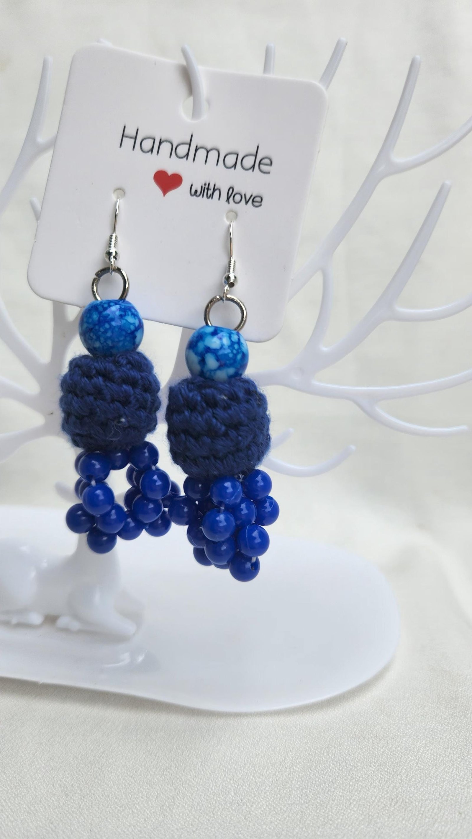 Handmade Crochet Blue Inverted Pineapple-shaped Earrings; Crafted Beaded Jewelry; Custom-made gifts for her
