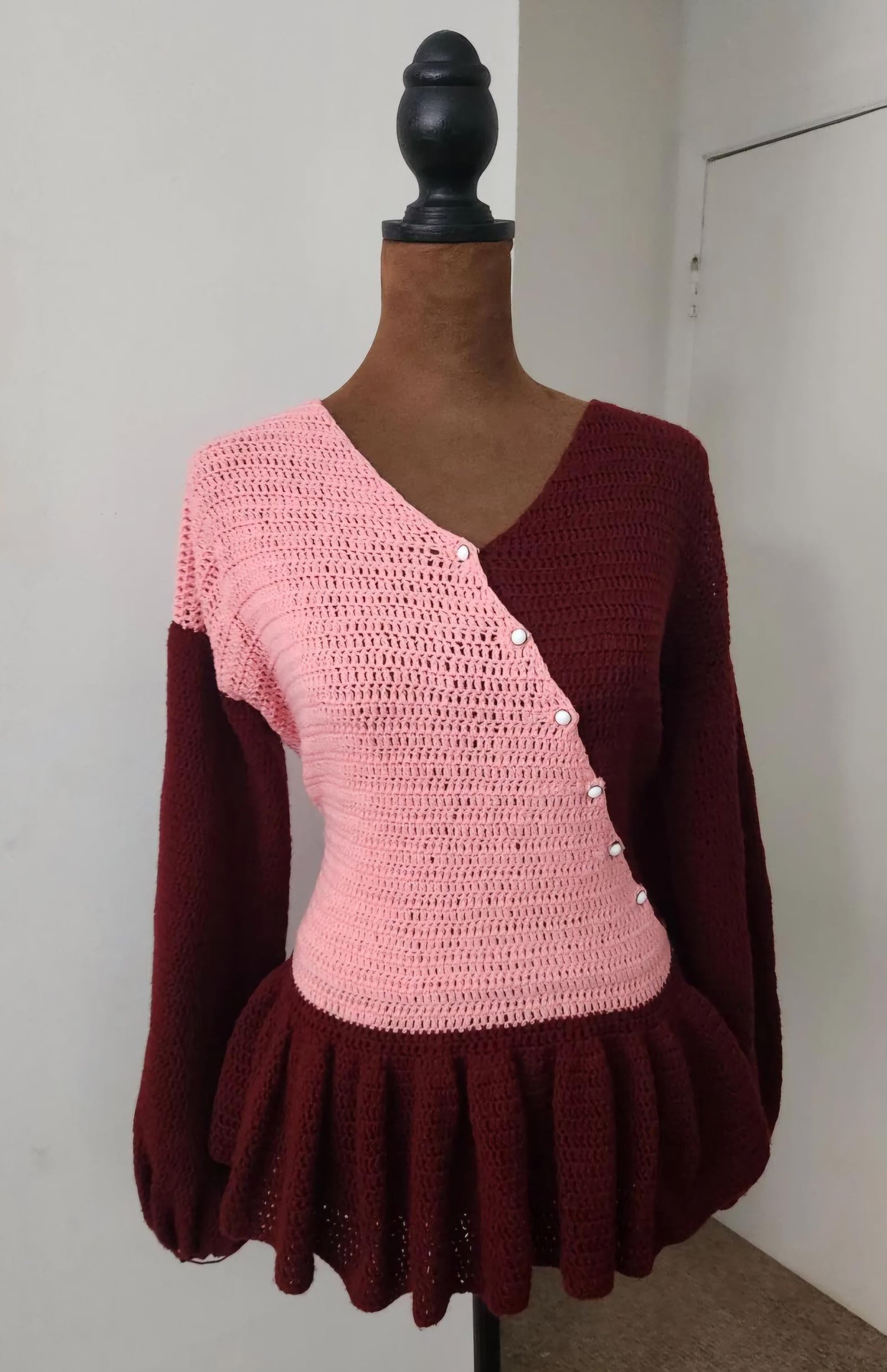 Handmade Crochet V-neck Peplum Top, Buttoned Down Ruffle Blouse; Fall Co-Operate Business Fashion