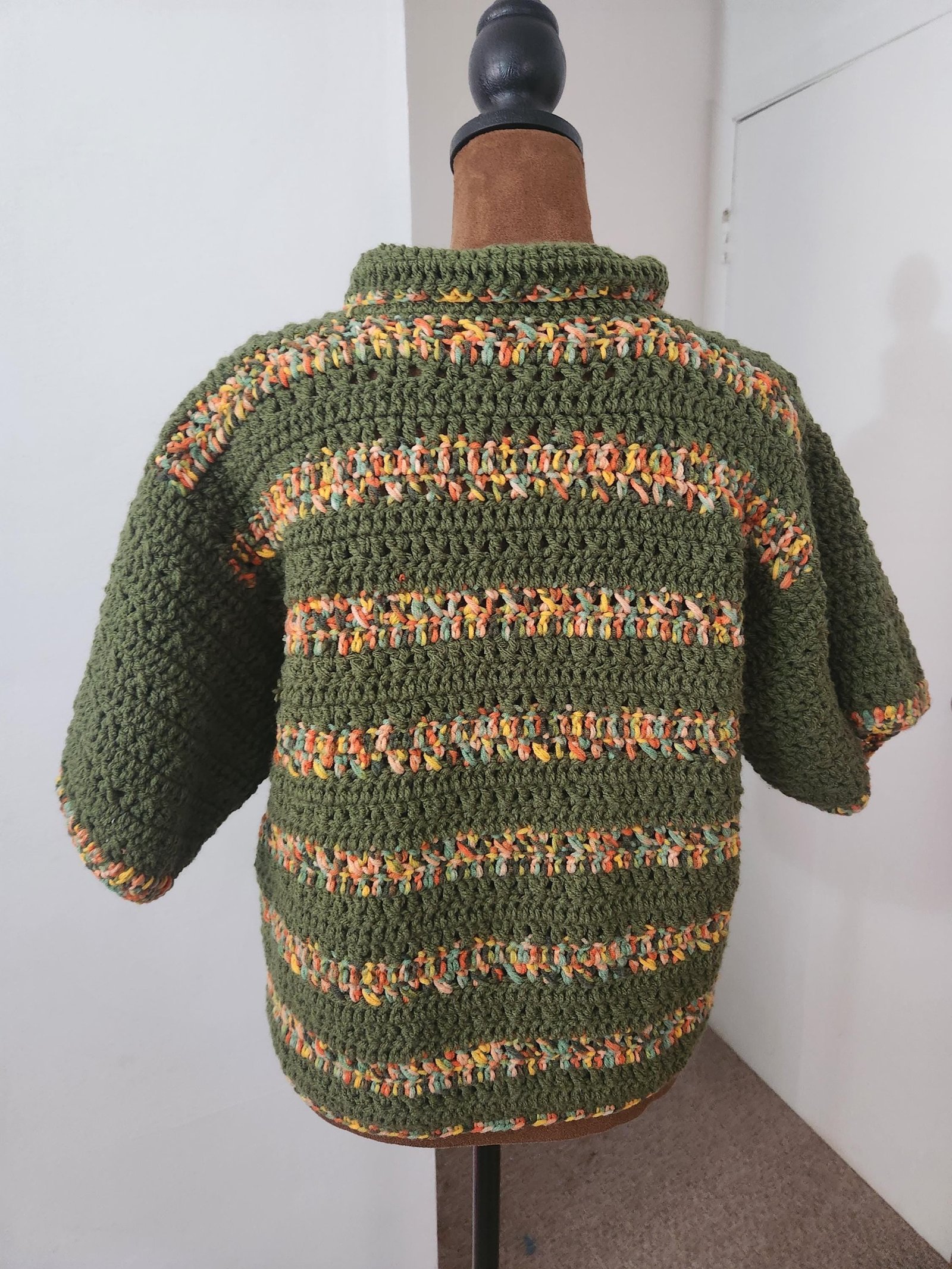 Handmade Crochet Forest Buttoned Shirt: Ombre Green Striped Cardigan