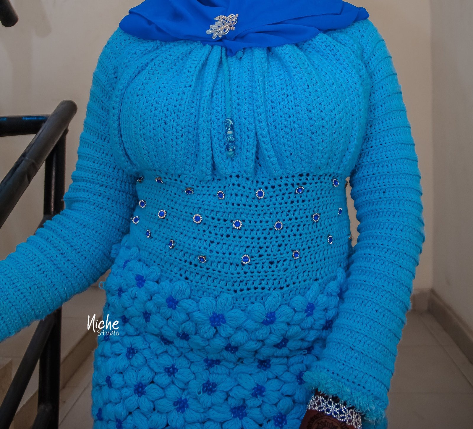 Handmade Crochet Blue Dress: Beaded Flower Gown, Custom Option