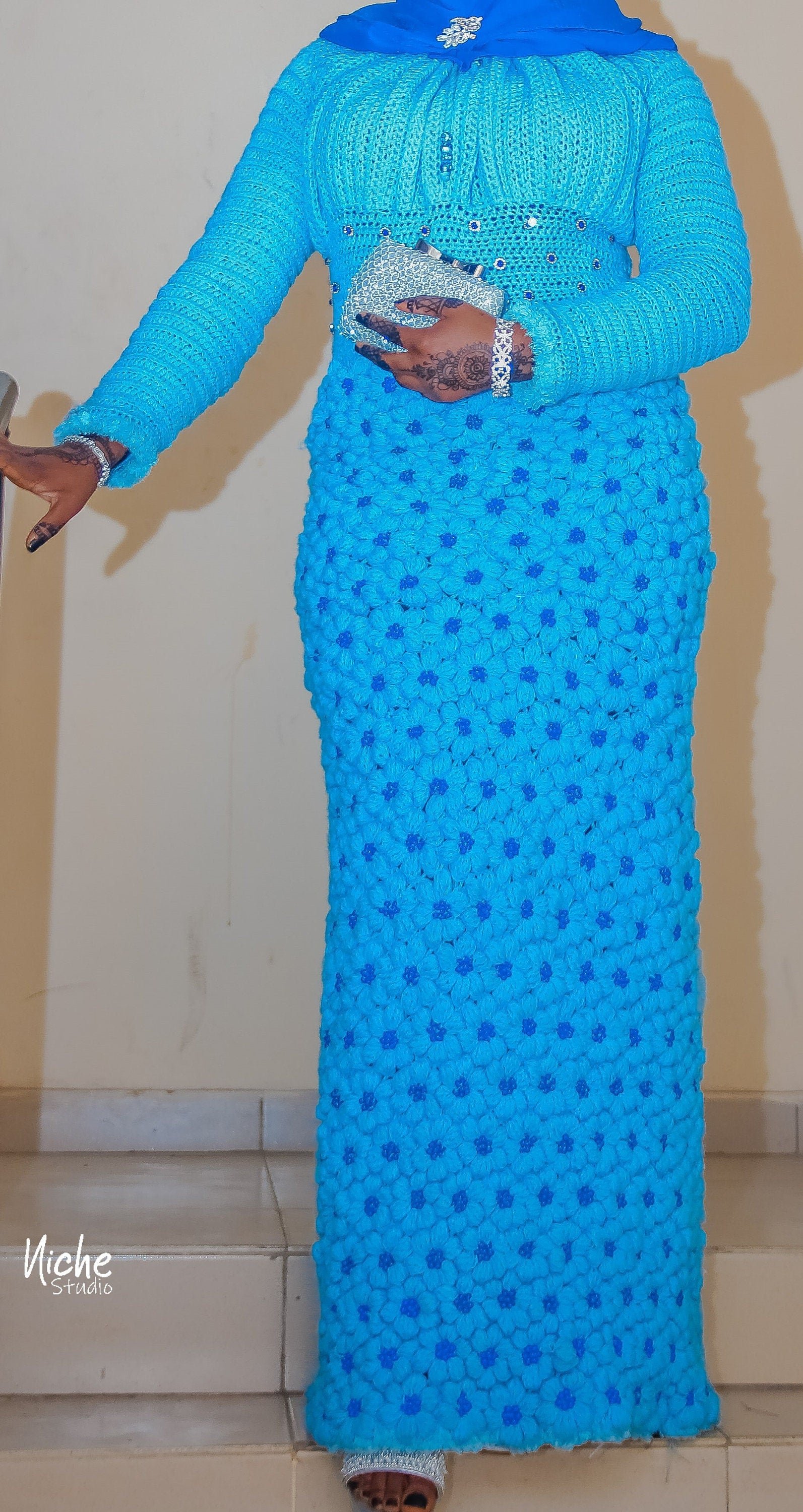 Handmade Crochet Blue Dress: Beaded Flower Gown, Custom Option