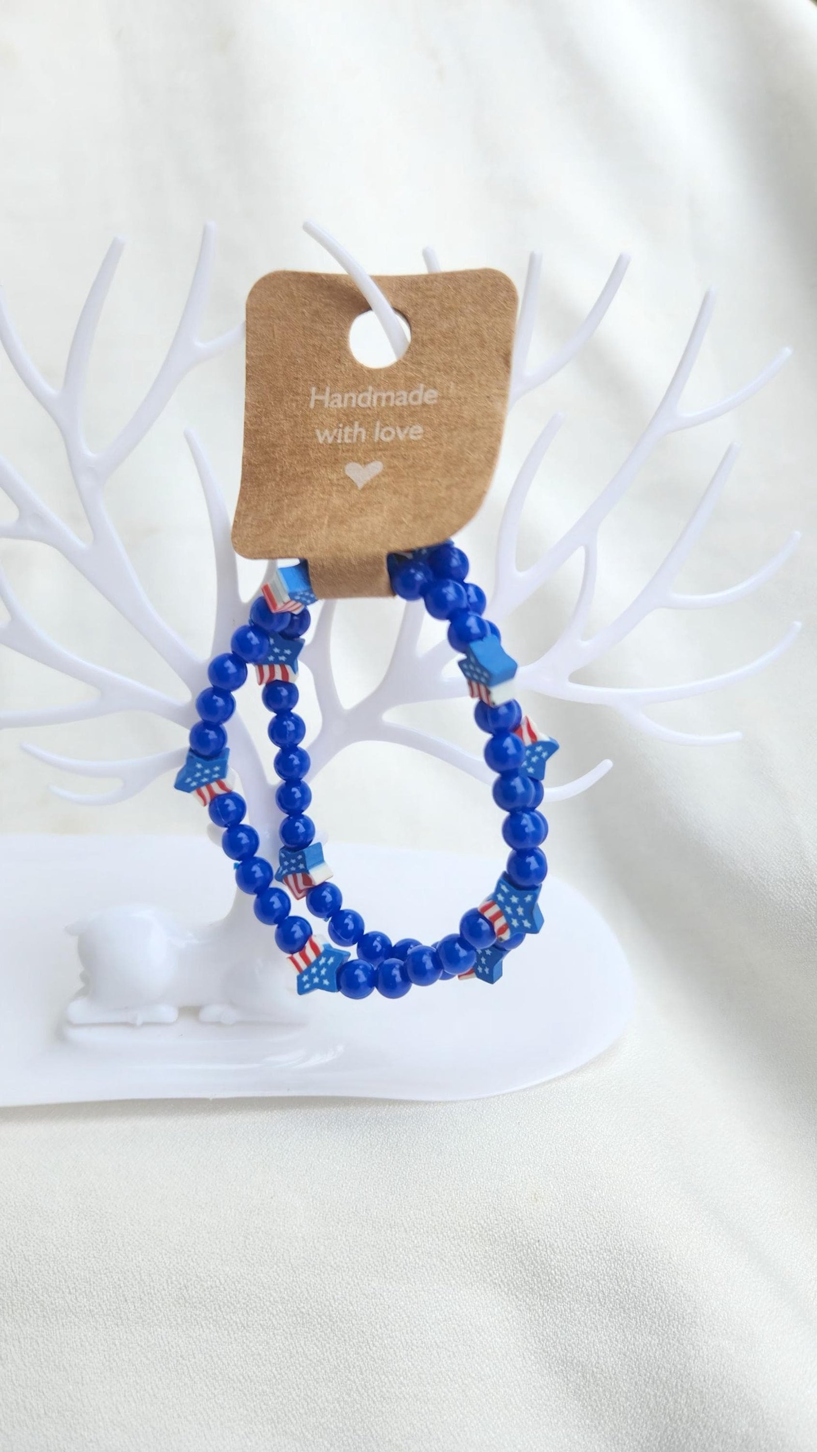 Blue Beaded Bracelet Set: Patriotic USA Star Elastic Jewelry (2 pieces per set)