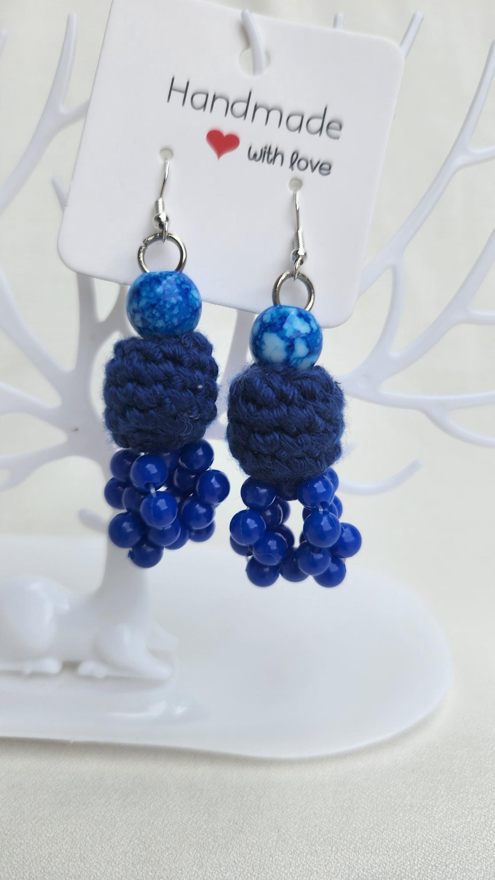 Handmade Crochet Blue Inverted Pineapple-shaped Earrings; Crafted Beaded Jewelry; Custom-made gifts for her