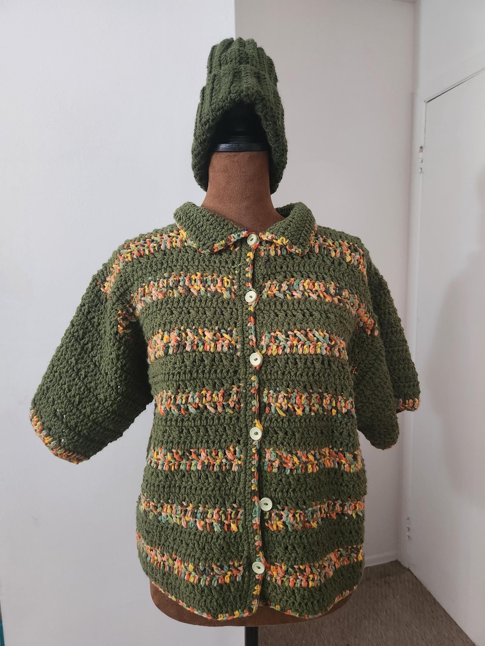 Handmade Crochet Forest Buttoned Shirt: Ombre Green Striped Cardigan