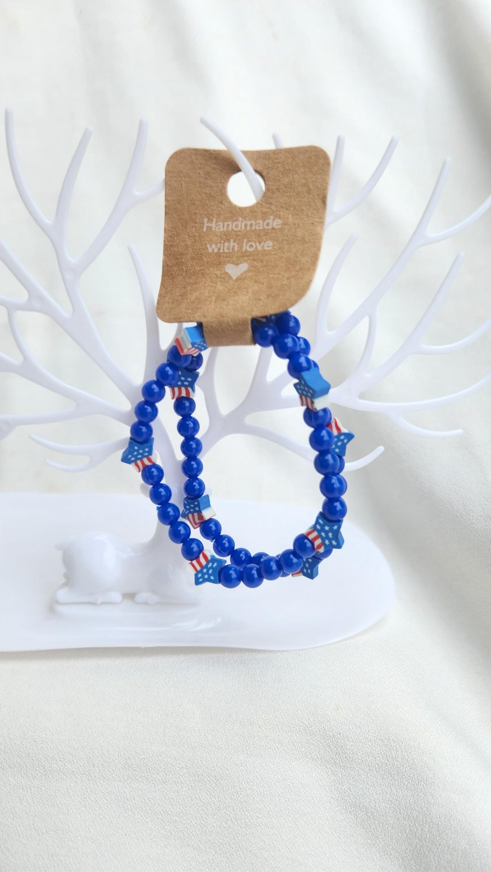 Blue Beaded Bracelet Set: Patriotic USA Star Elastic Jewelry (2 pieces per set)
