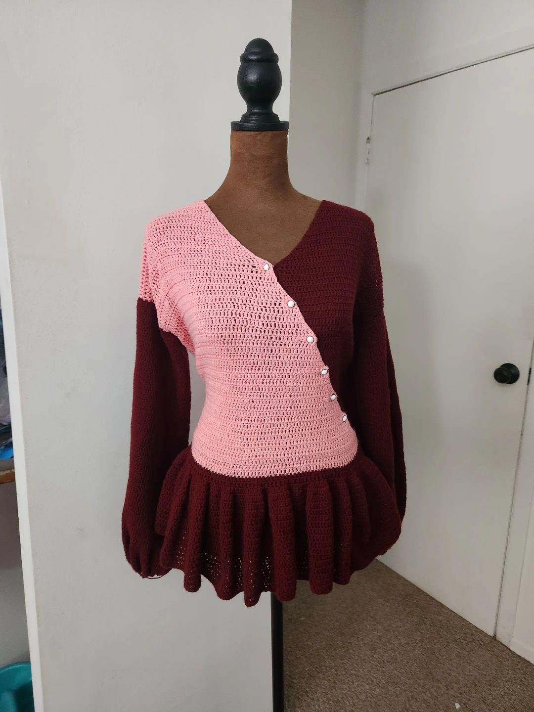 Handmade Crochet V-neck Peplum Top, Buttoned Down Ruffle Blouse; Fall Co-Operate Business Fashion