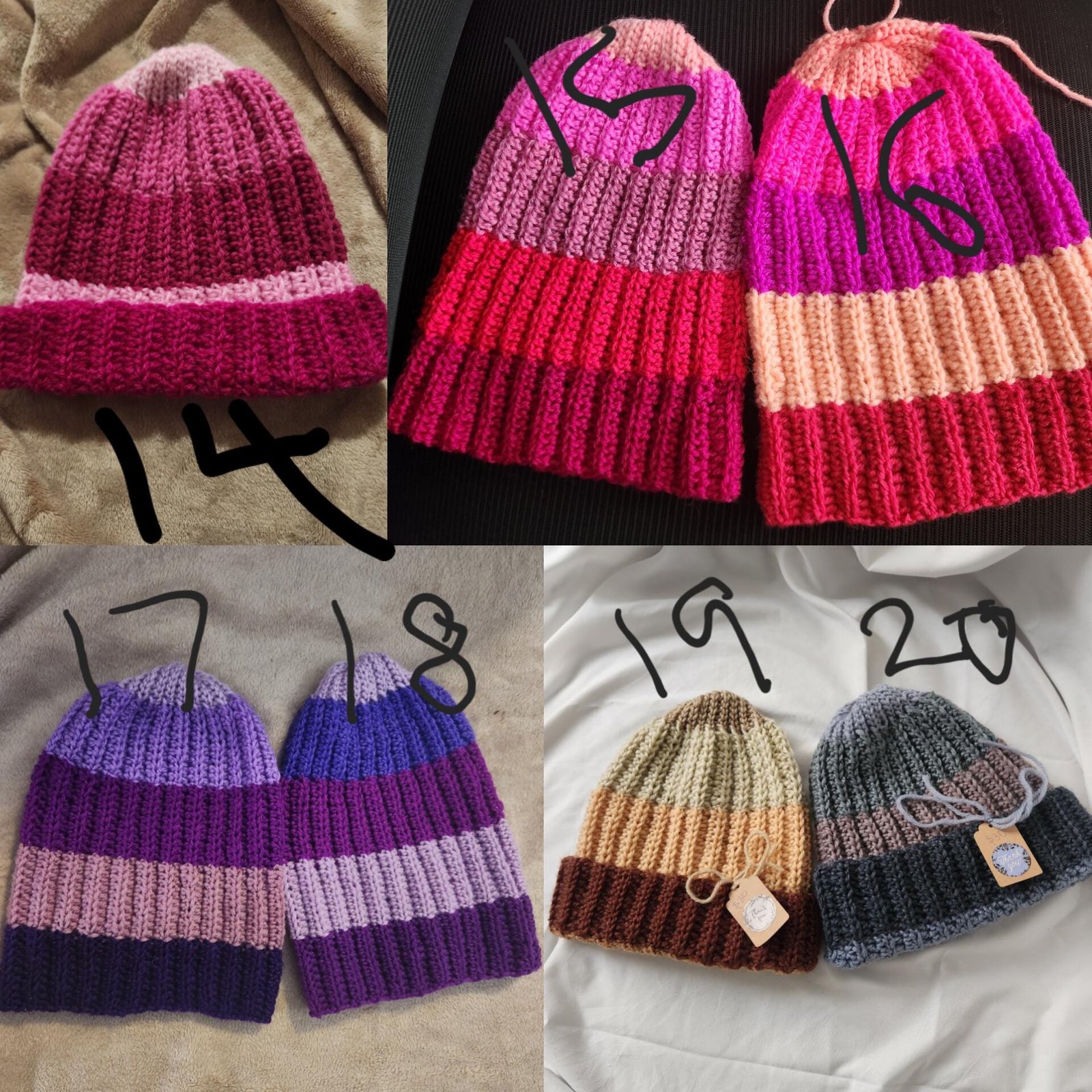 May include: Seven colorful striped crocheted hats in various colors, including pink, purple, red, brown, and gray. The hats are arranged in rows on a white background.
