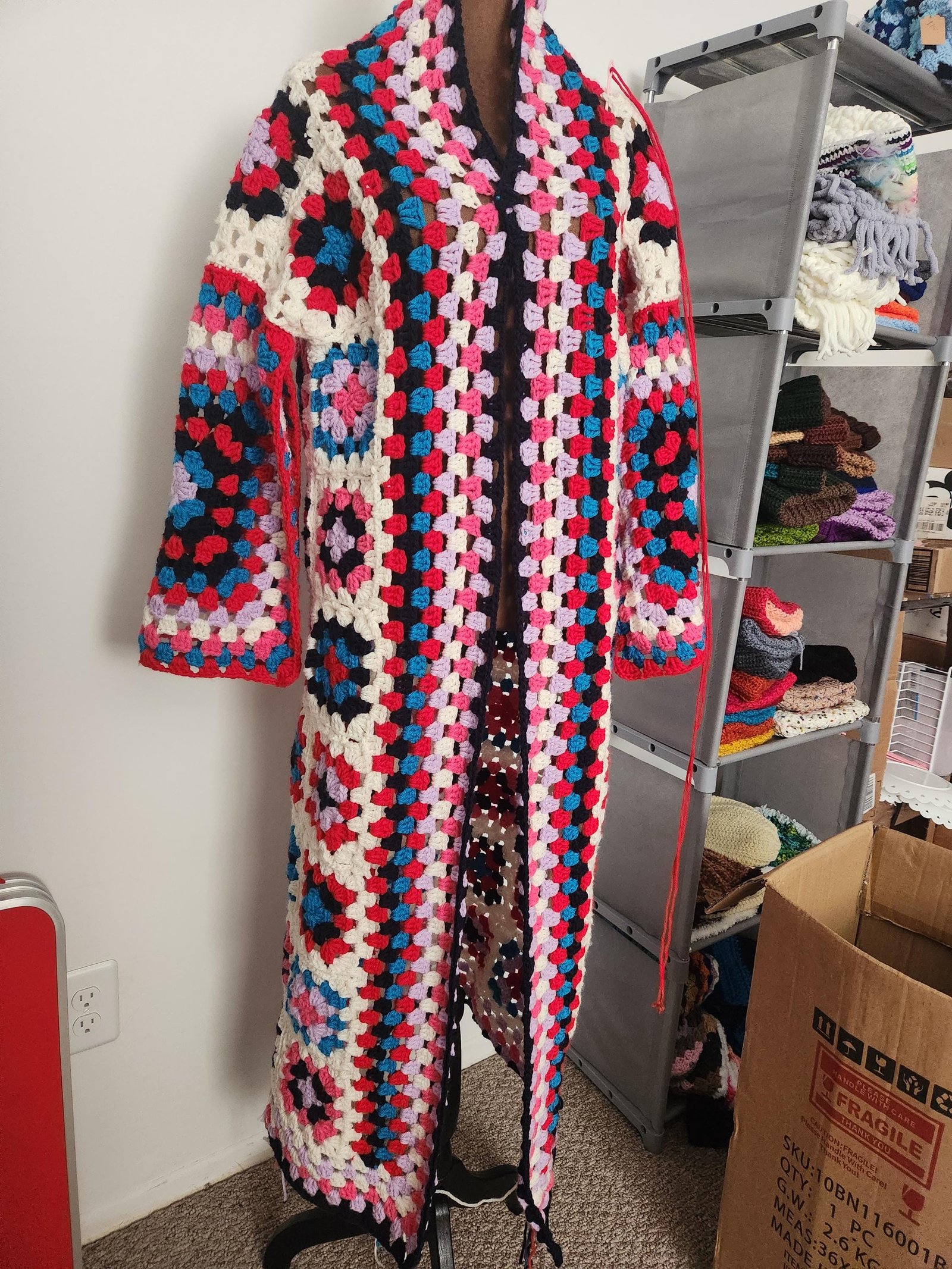 Handmade Long Cardigan: JUQ Granny Square Rainbow Crochet Kimono; Comfy Jacket Gifts
