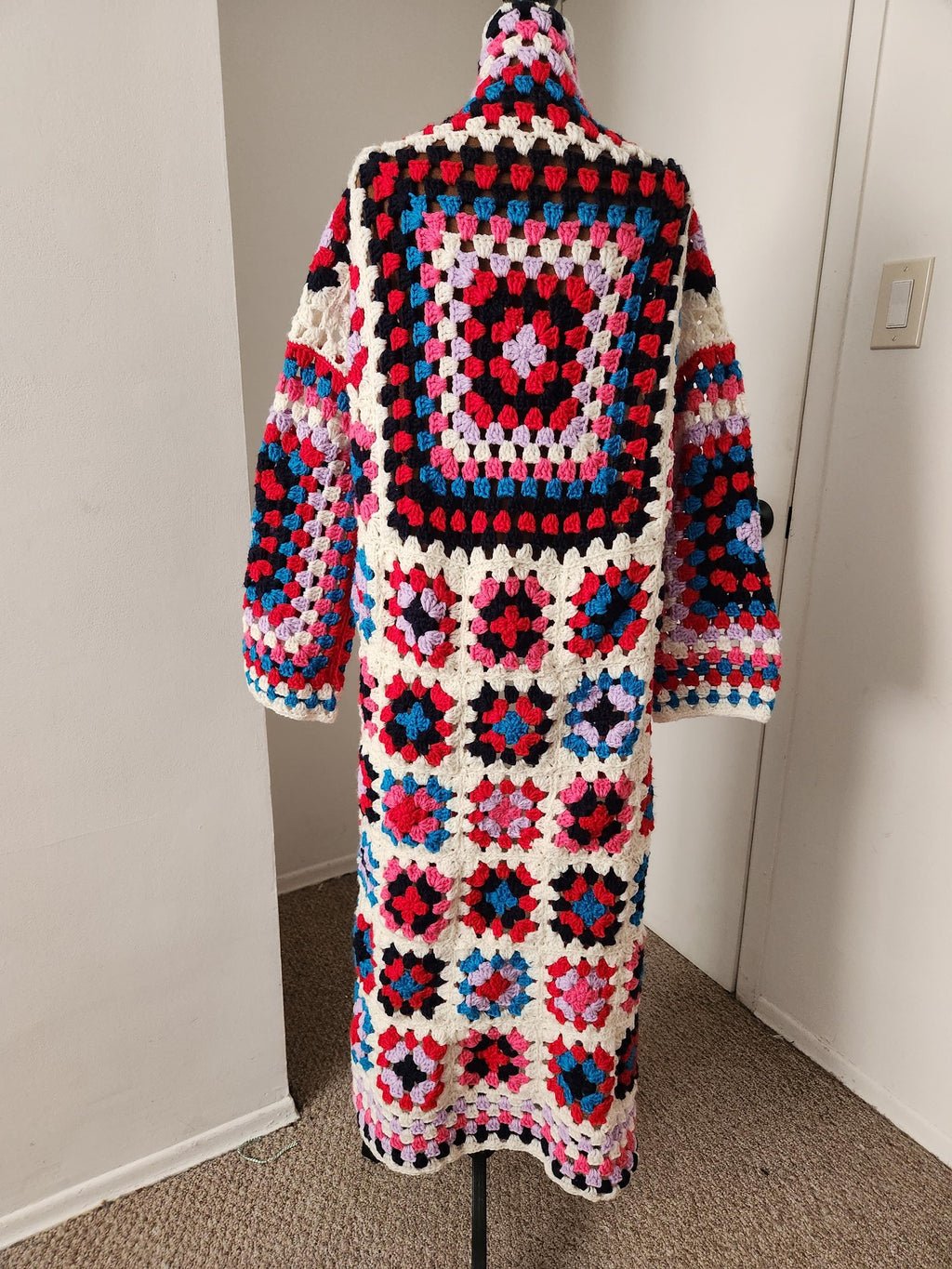 Handmade Long Cardigan: JUQ Granny Square Rainbow Crochet Kimono; Comfy Jacket Gifts