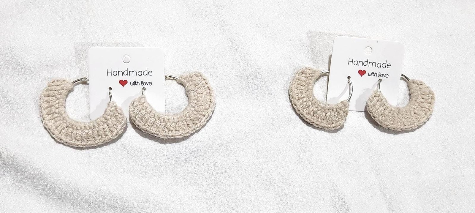 Minimalistic Crochet Beige Hoop Earrings; Handmade Jewelry Gifts and Accessories