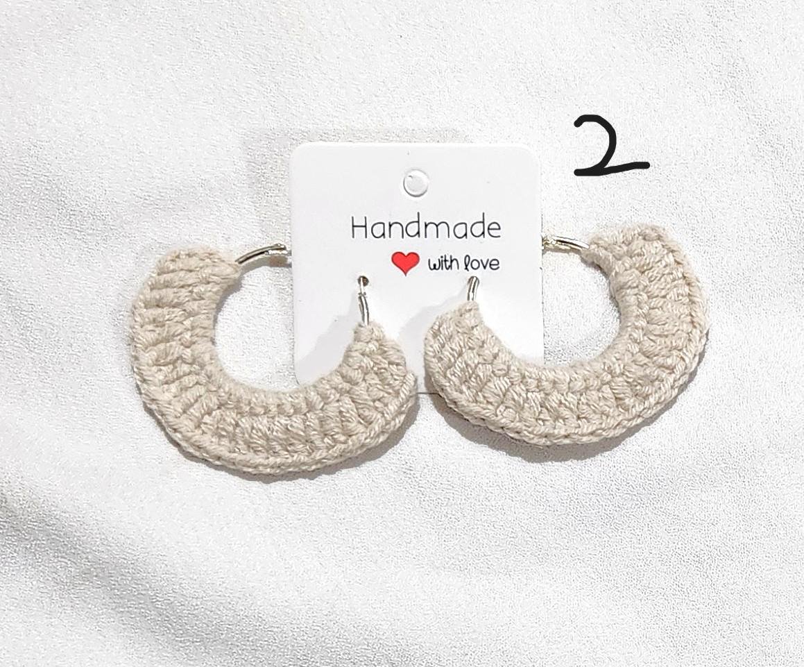 Minimalistic Crochet Beige Hoop Earrings; Handmade Jewelry Gifts and Accessories