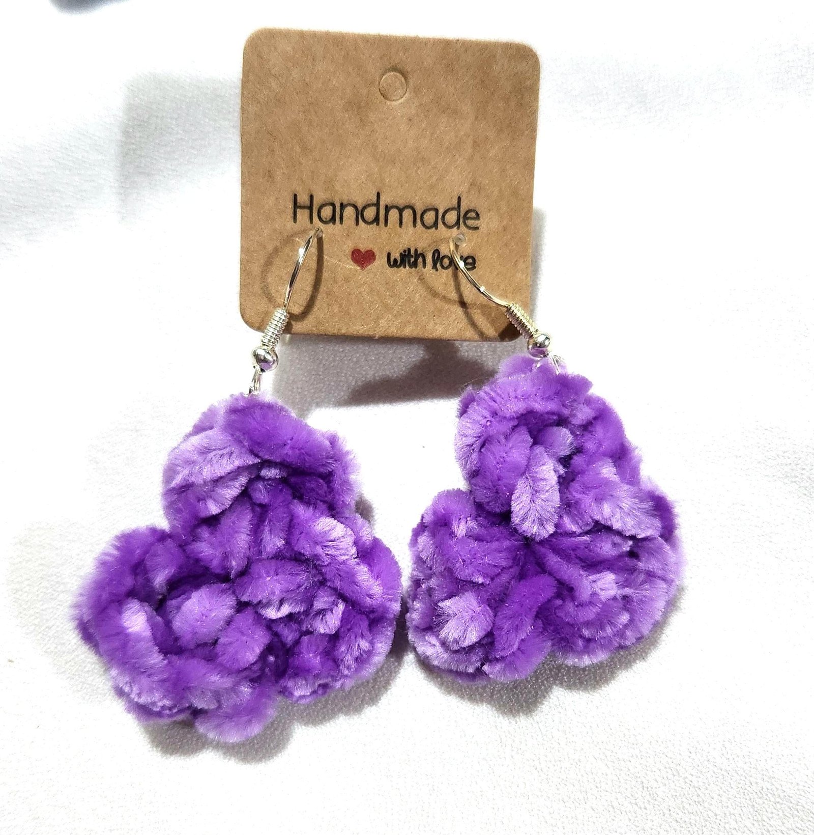 Handmade Velvet earrings crocheted with Velvet yarn. This is the Purple one.