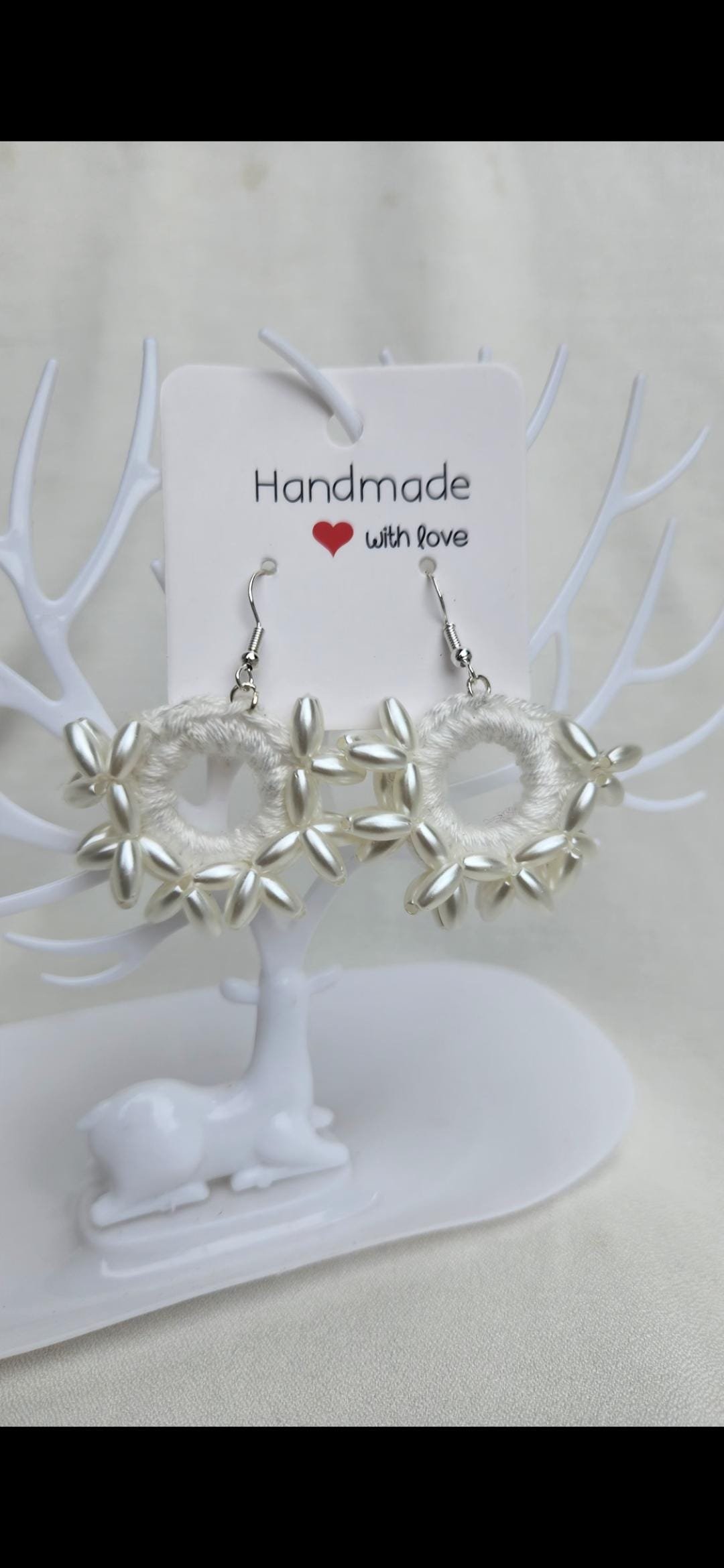 Handmade Cotton Pearl Earrings; Crochet Beaded Circular Jewelry; Minimalist Wedding and Gift Accessories