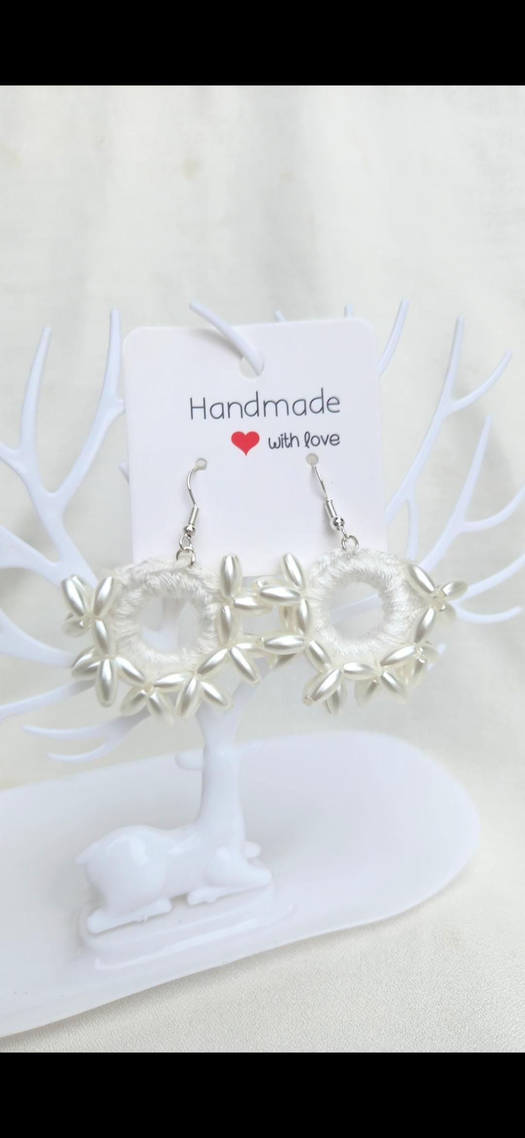 Handmade Cotton Pearl Earrings; Crochet Beaded Circular Jewelry; Minimalist Wedding and Gift Accessories