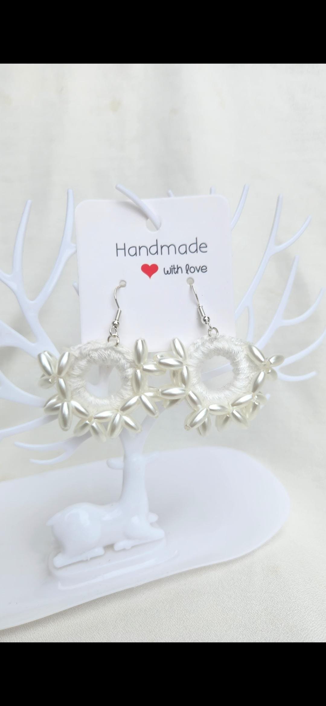 Handmade Cotton Pearl Earrings; Crochet Beaded Circular Jewelry; Minimalist Wedding and Gift Accessories