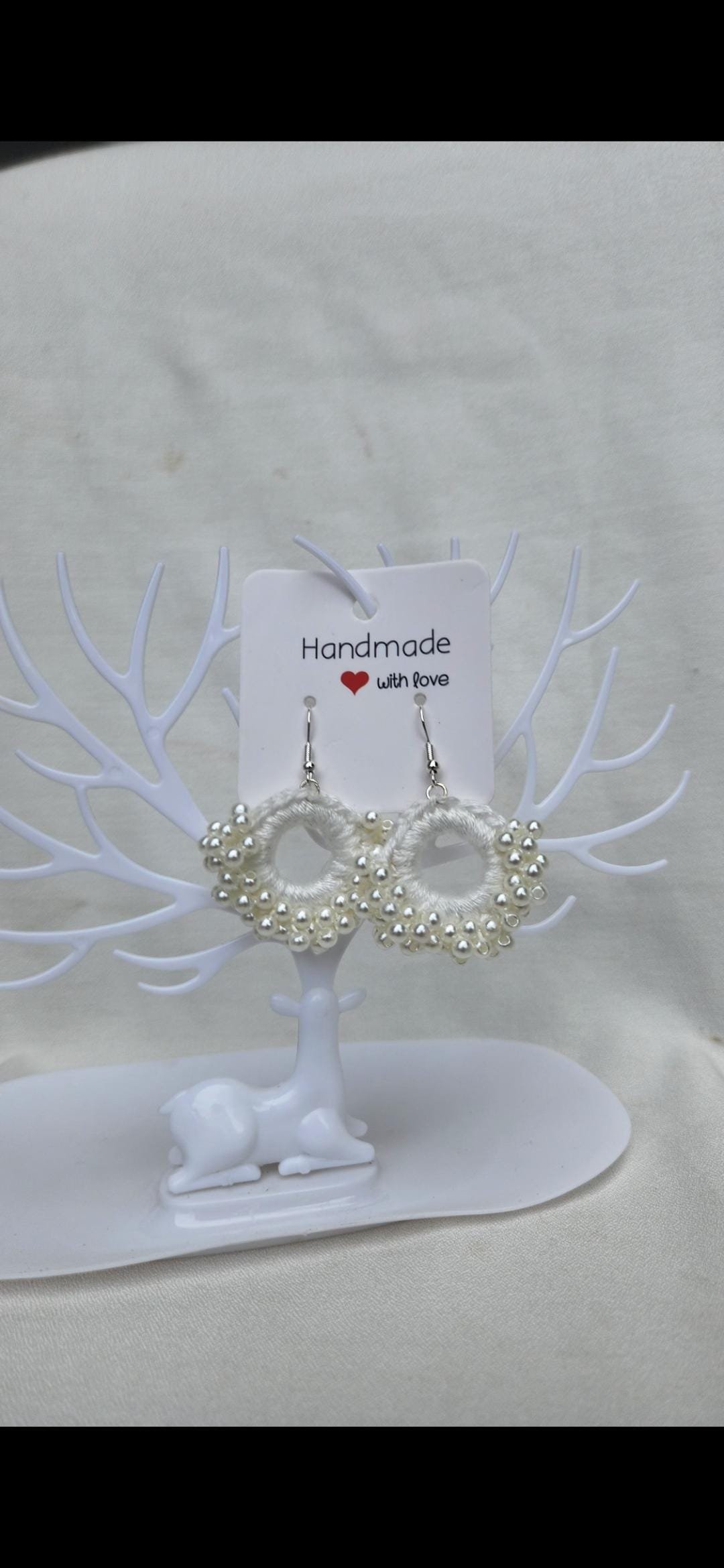 Handmade Cotton Pearl Earrings; Crochet Beaded Circular Jewelry; Minimalist Wedding and Gift Accessories