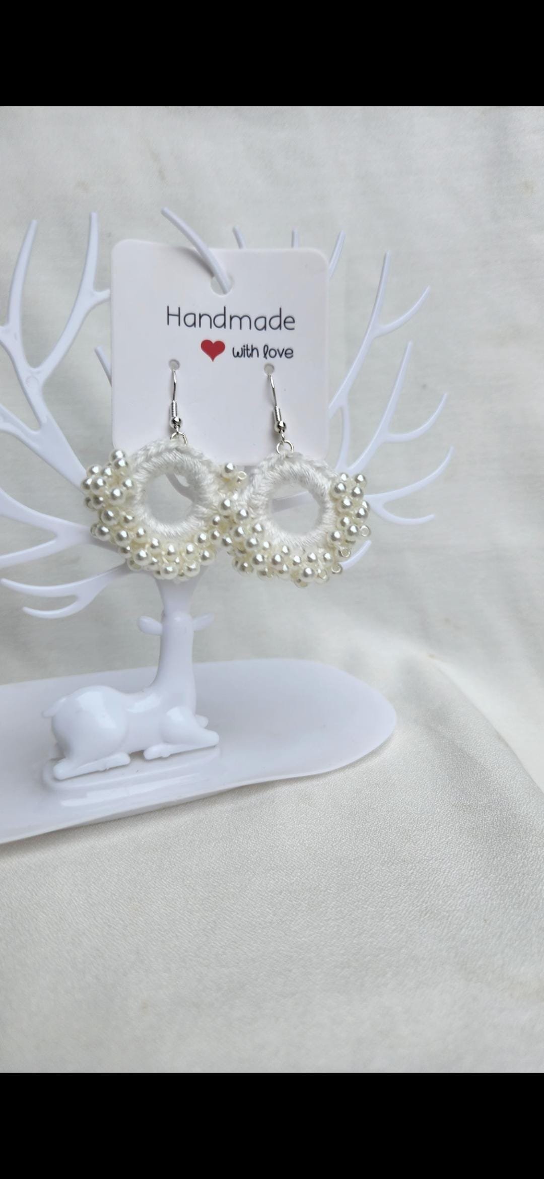 Handmade Cotton Pearl Earrings; Crochet Beaded Circular Jewelry; Minimalist Wedding and Gift Accessories