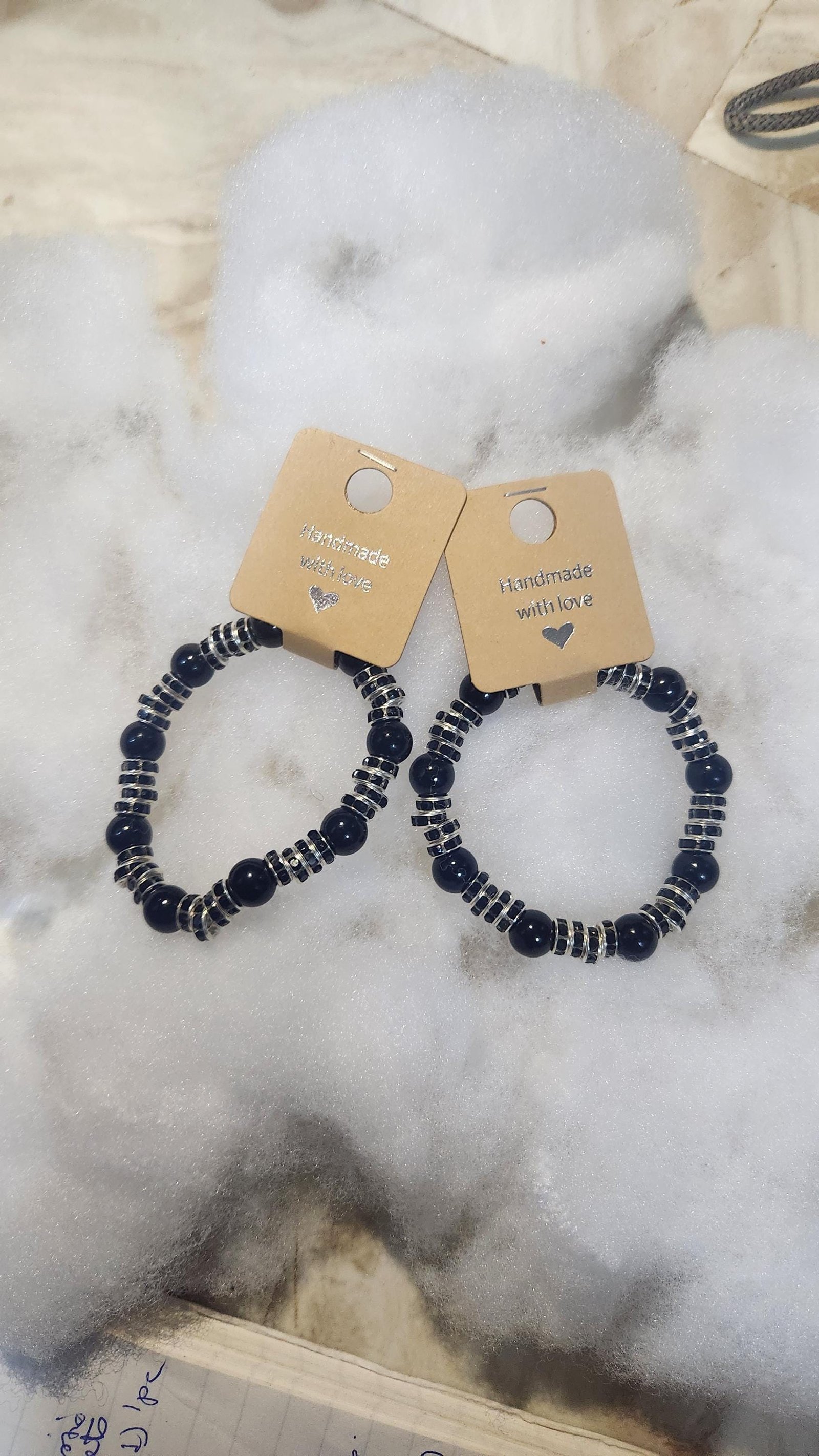 Black Gothic-Inspired Beaded Elastic Beaded Bracelets; Faux Pearl Wrist and Anklet Jewelry