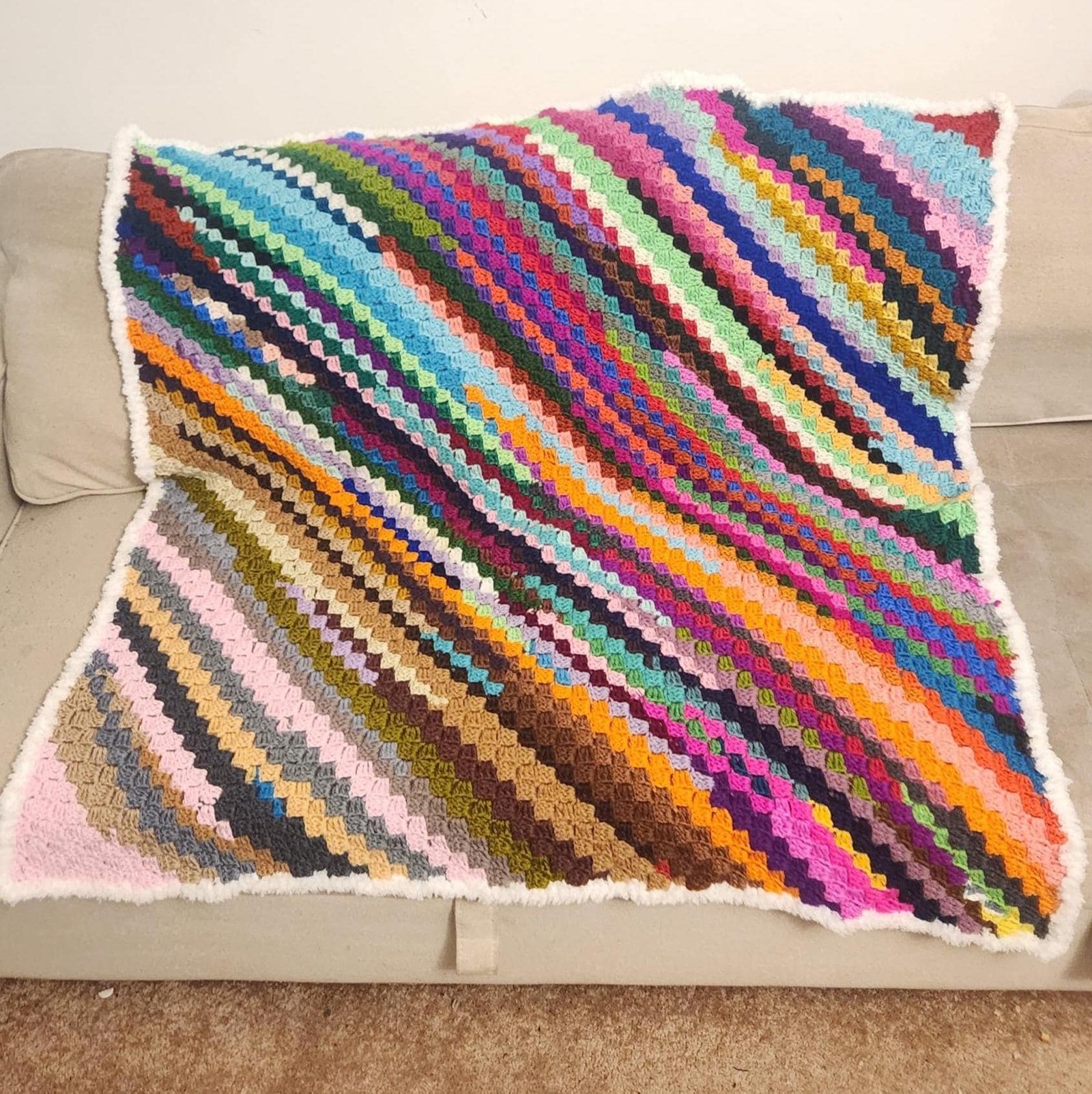 Crochet Children's Blanket: Colorful Striped Cozy Throw with Furry Edge; Handmade Crochet Bedding for Kids