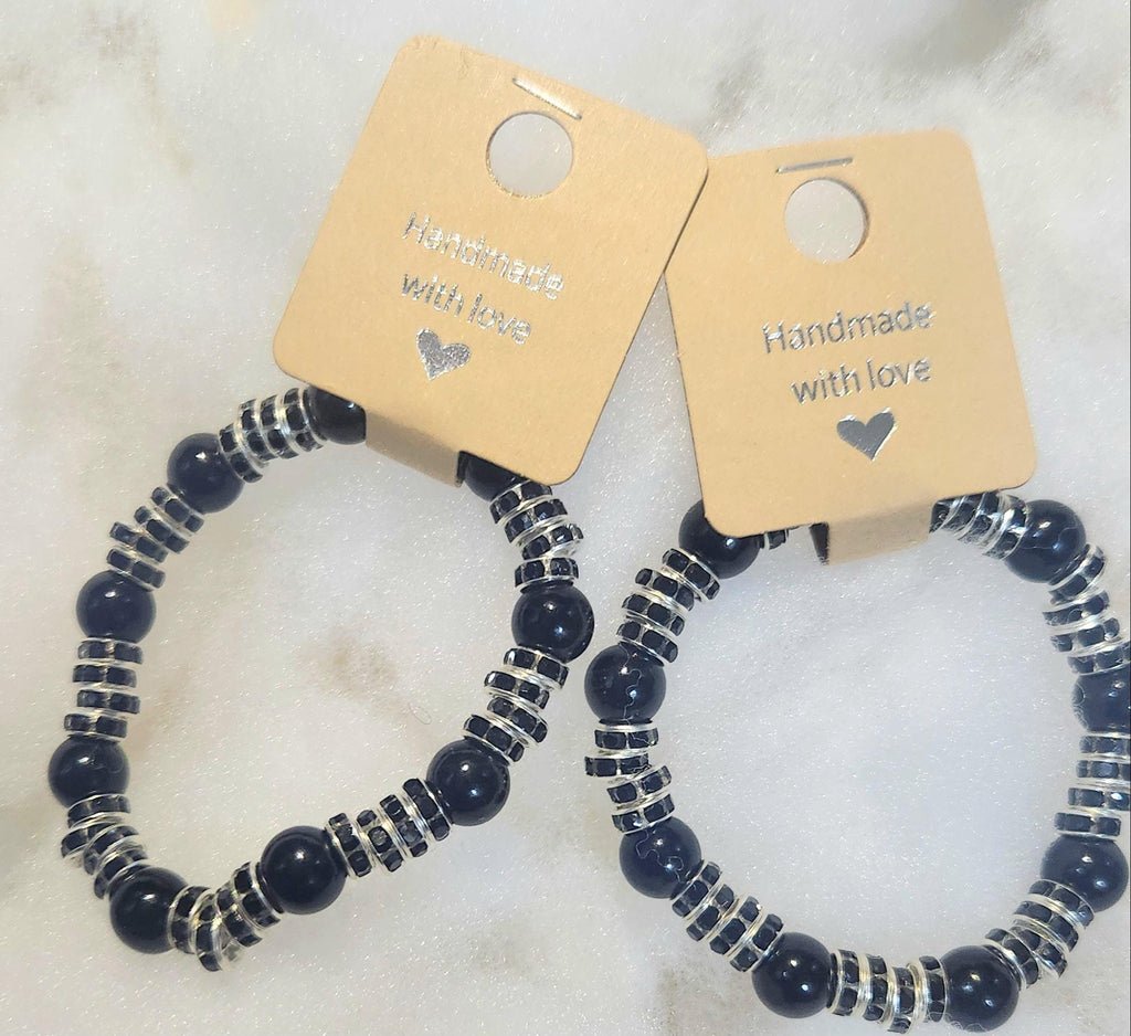 Black Gothic-Inspired Beaded Elastic Beaded Bracelets; Faux Pearl Wrist and Anklet Jewelry