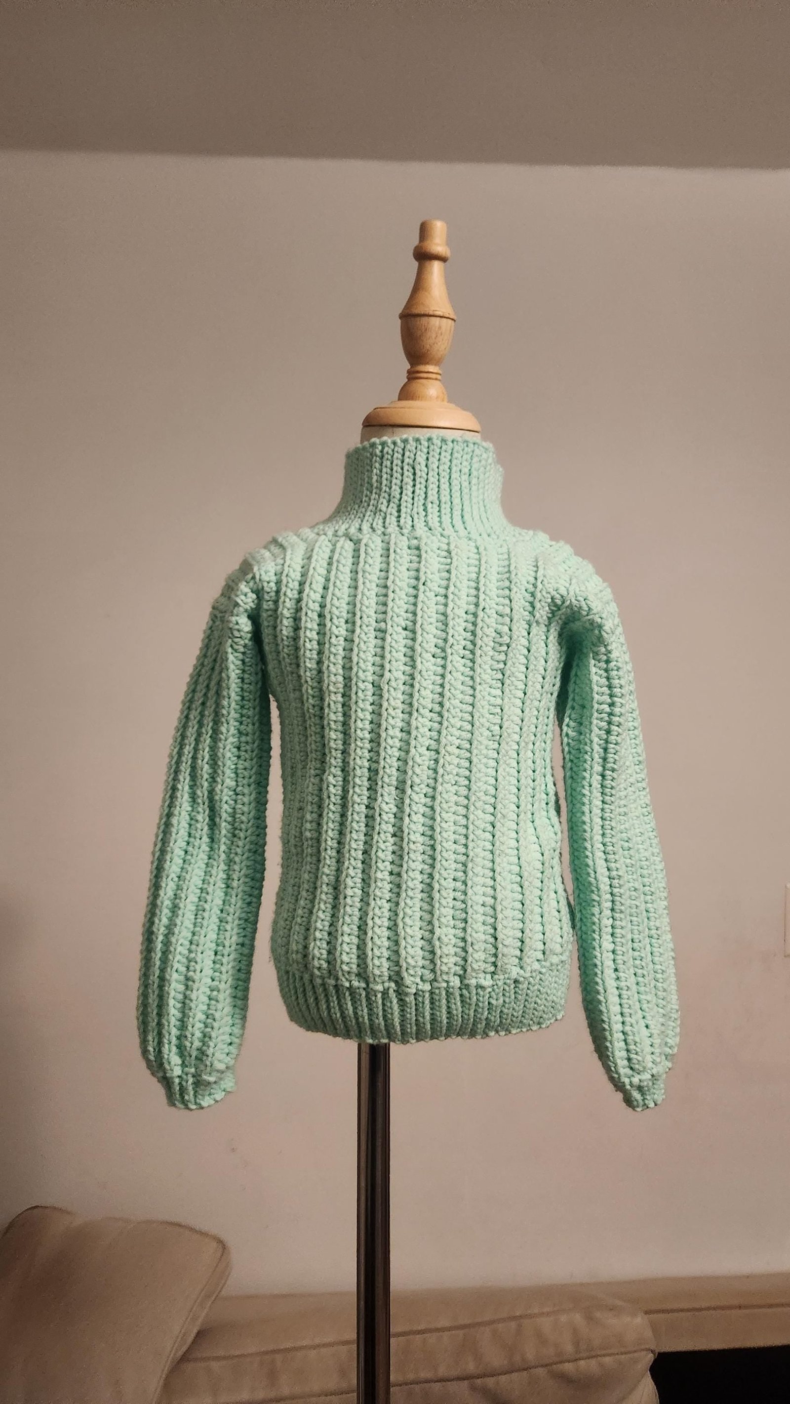 Children's Turtleneck Sweater; Handmade Crochet Mint Green Winter Sweater for Toddlers & Preschoolers