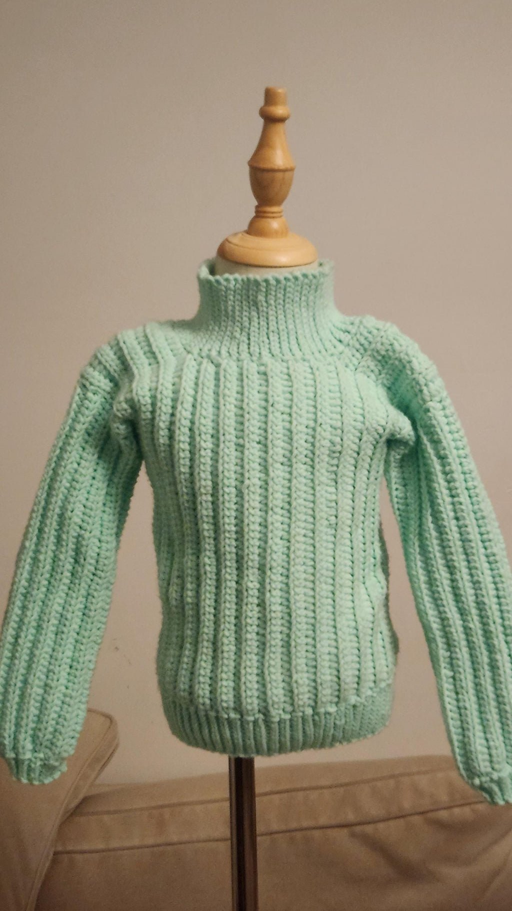 Children's Turtleneck Sweater; Handmade Crochet Mint Green Winter Sweater for Toddlers & Preschoolers