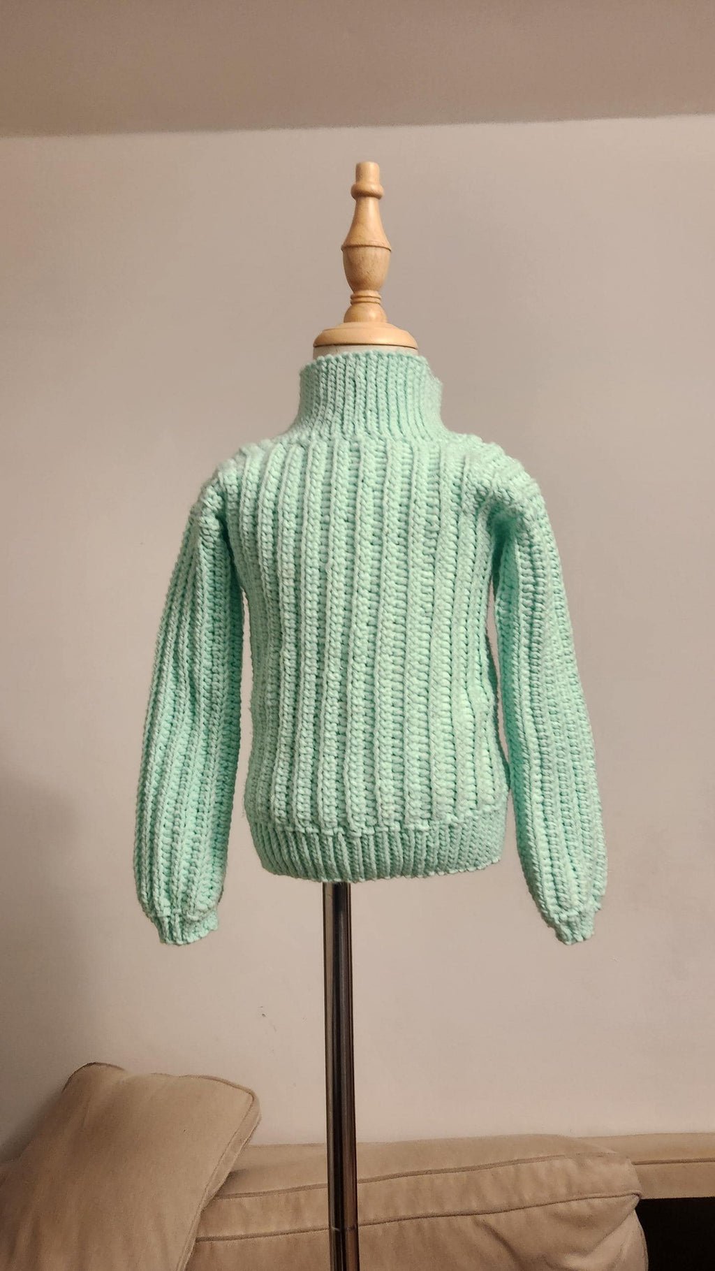 Children's Turtleneck Sweater; Handmade Crochet Mint Green Winter Sweater for Toddlers & Preschoolers
