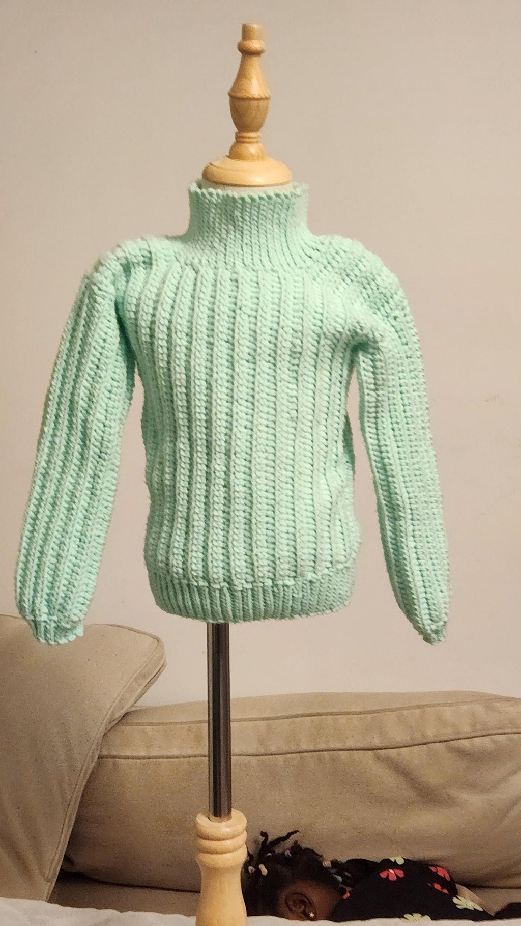 Children's Turtleneck Sweater; Handmade Crochet Mint Green Winter Sweater for Toddlers & Preschoolers