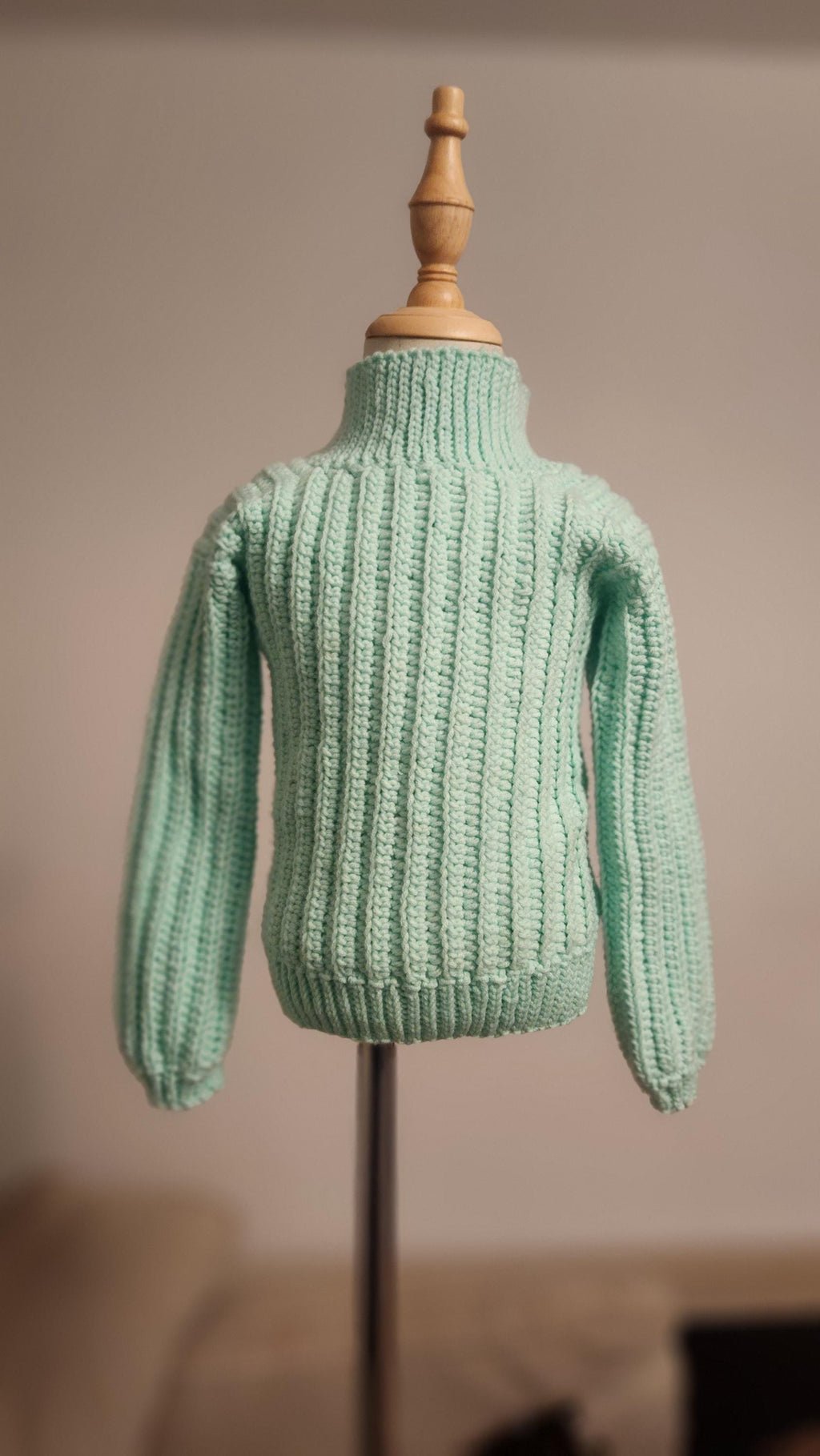 Children's Turtleneck Sweater; Handmade Crochet Mint Green Winter Sweater for Toddlers & Preschoolers