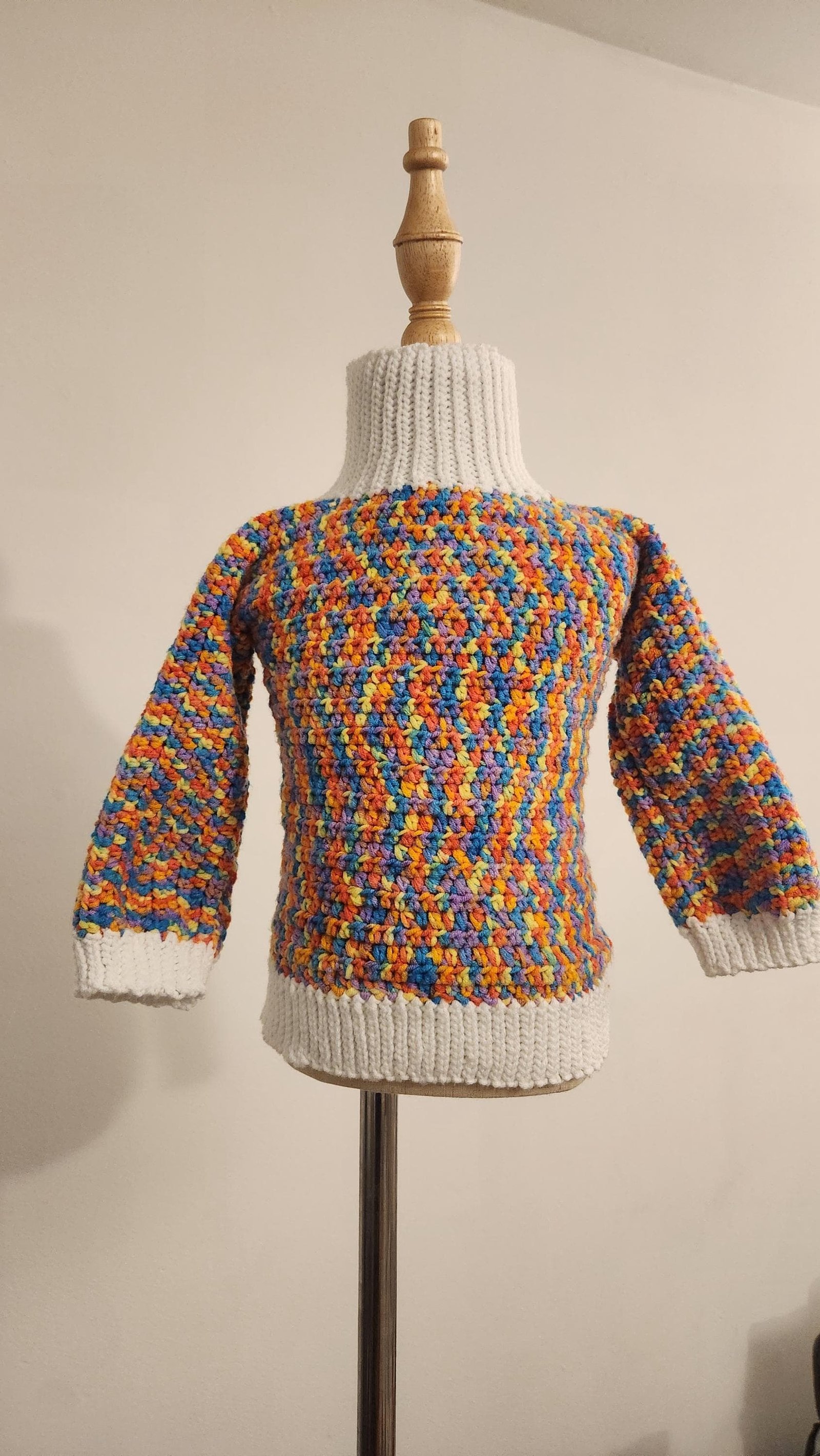 Kid's Variegated Sweater for Winter; Handmade Crochet Rainbow Thick Turtleneck Blouse for Toddlers & Preschoolers