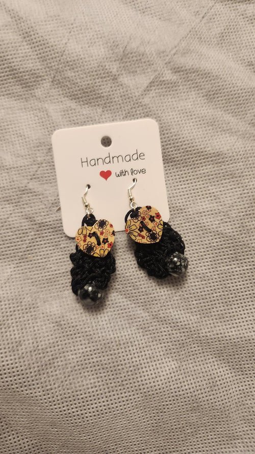 Beaded Heart Earrings; Handmade Crochet Black Jewelry