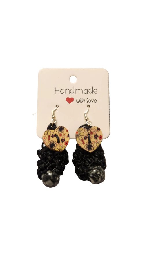 Beaded Heart Earrings; Handmade Crochet Black Jewelry