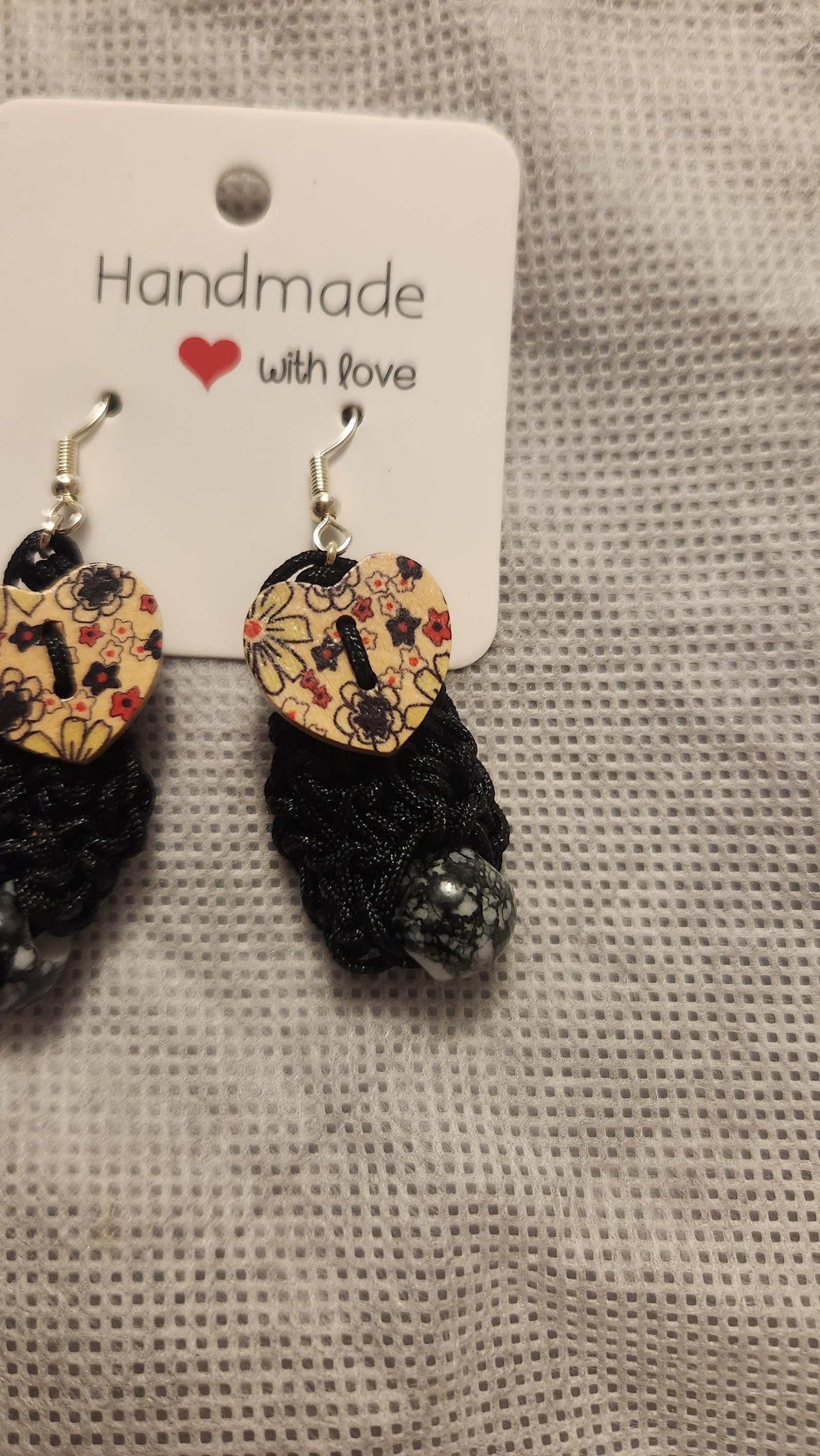Beaded Heart Earrings; Handmade Crochet Black Jewelry