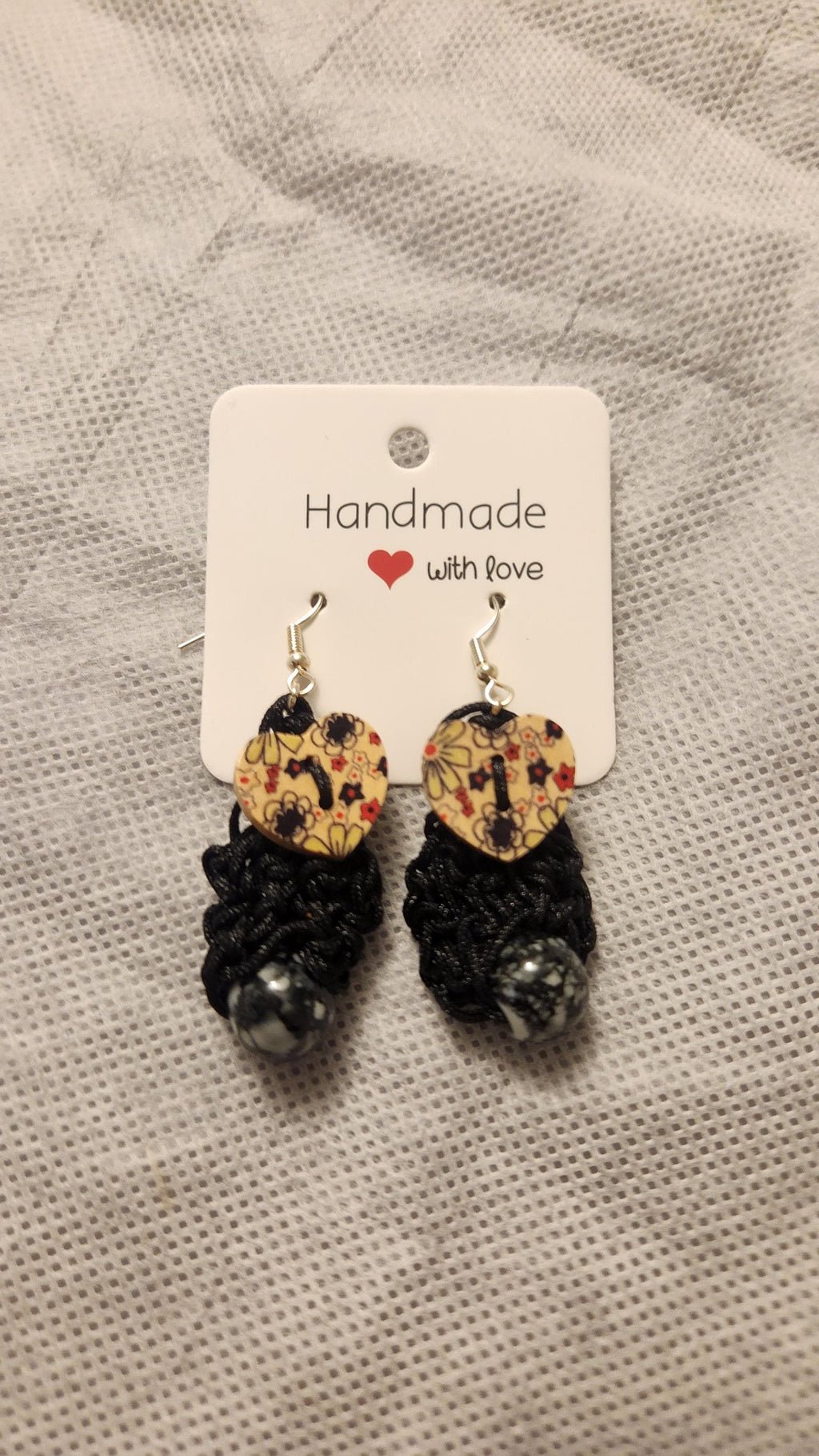 Beaded Heart Earrings; Handmade Crochet Black Jewelry