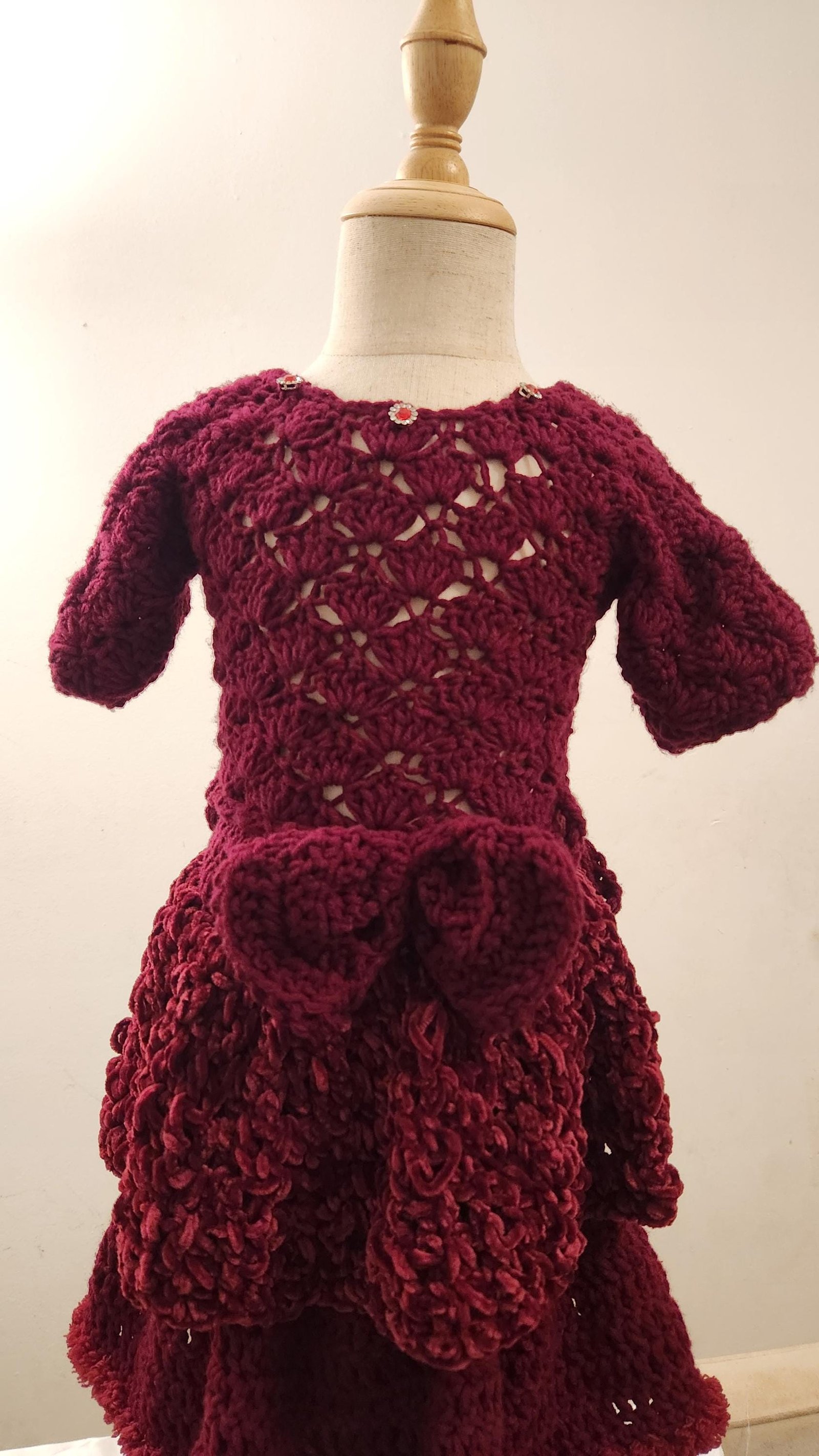Handmade Crochet Toddler Dress: Red Velvet Layered Princess Costume with Bow