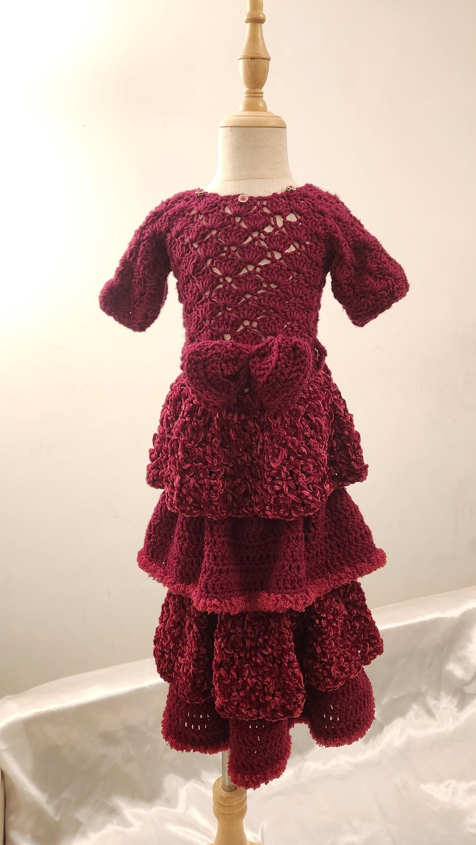 Handmade Crochet Toddler Dress: Red Velvet Layered Princess Costume with Bow