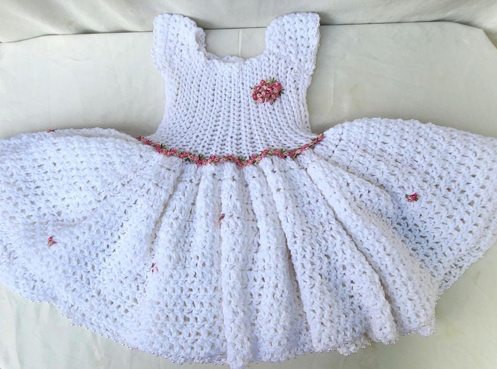 Lacy White Handmade Dress for Girls: Pink Flower Lace Trim Beaded-Edge Sleeveless Crochet Gown for Toddlers; Warm Gifts for Girls and Moms