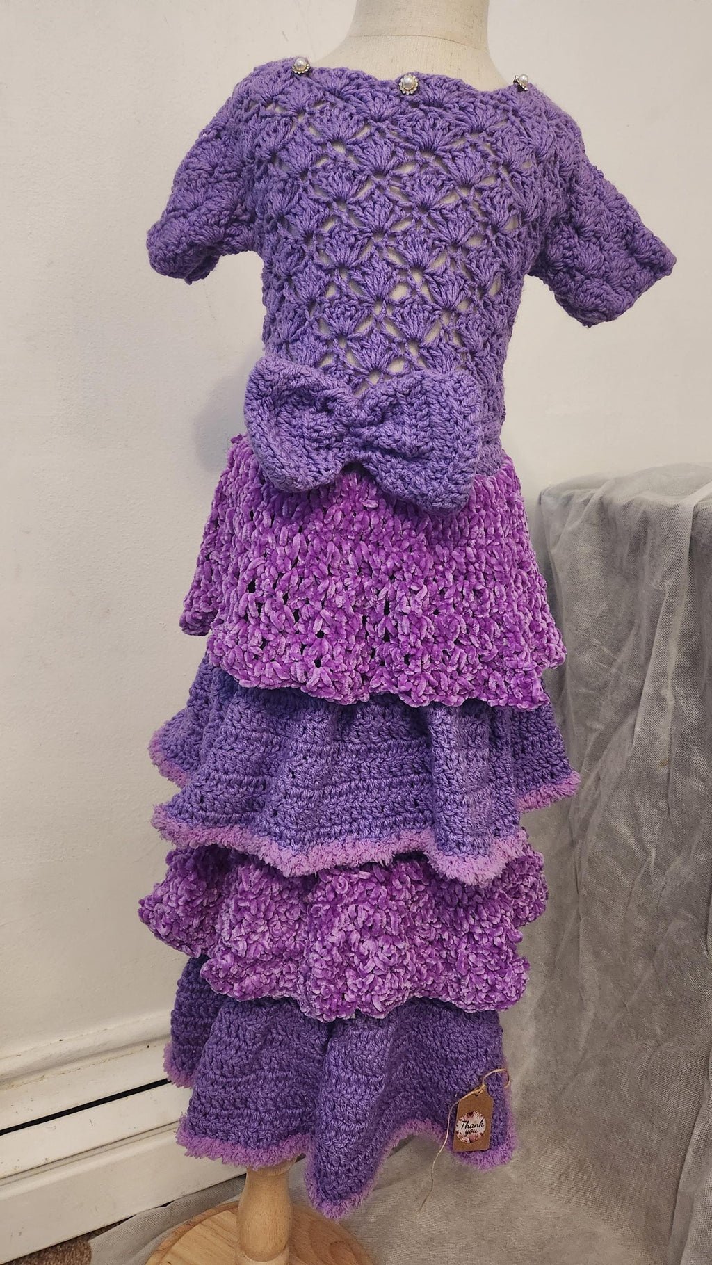 Handmade Crochet Toddler Dress: Layered Velvet Gown with Bow Belt; Princess Costume for Girls. Special, Thoughtful, and Cute Children Gifts