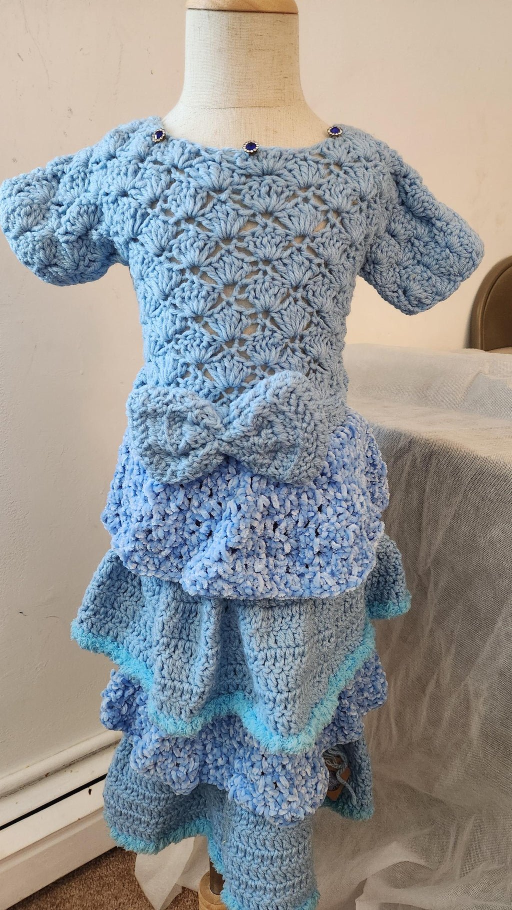 Handmade Crochet Toddler Dress: Layered Velvet Gown with Bow Belt; Princess Costume for Girls. Special, Thoughtful, and Cute Children Gifts