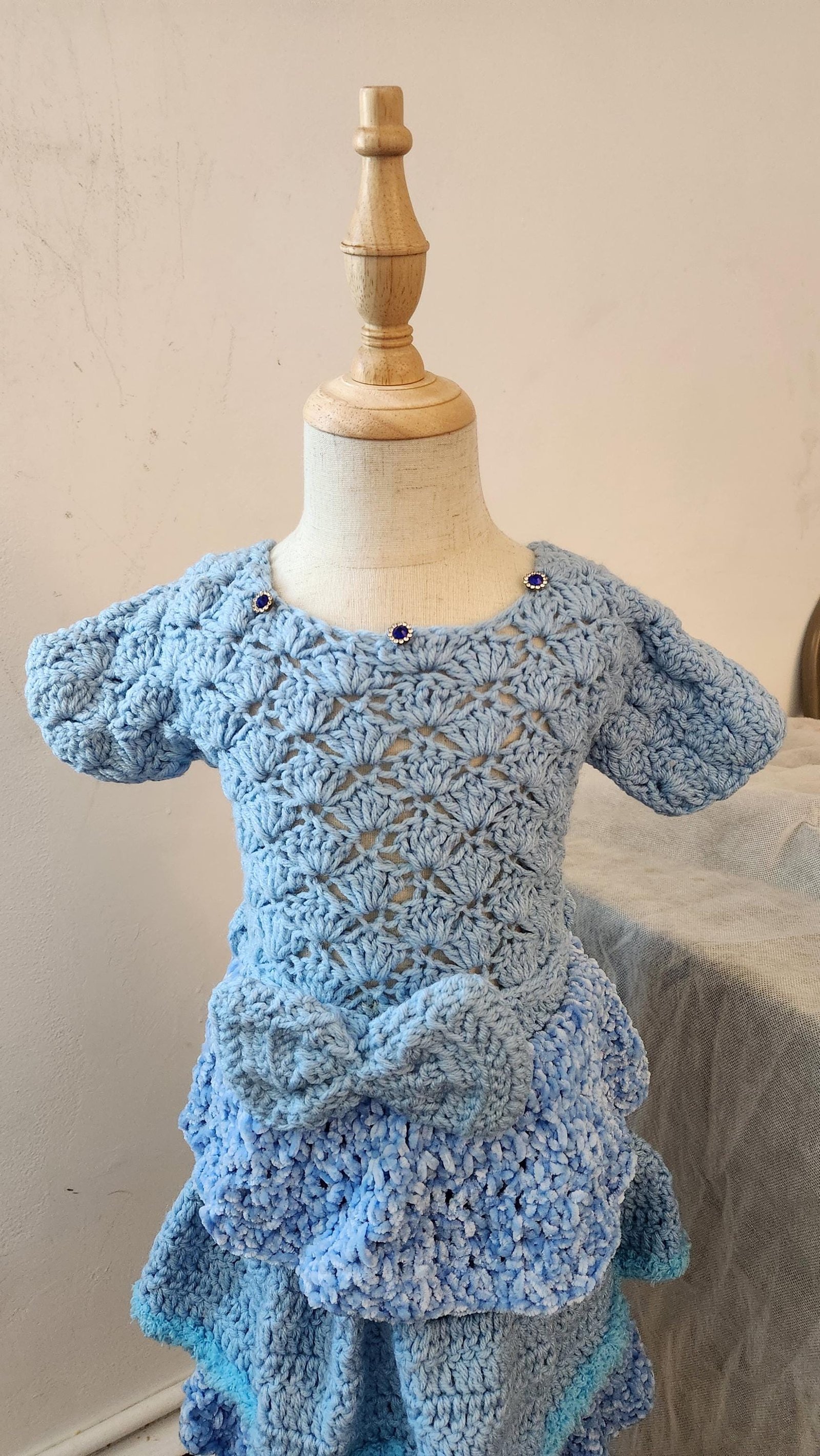 Handmade Crochet Toddler Dress: Layered Velvet Gown with Bow Belt; Princess Costume for Girls. Special, Thoughtful, and Cute Children Gifts