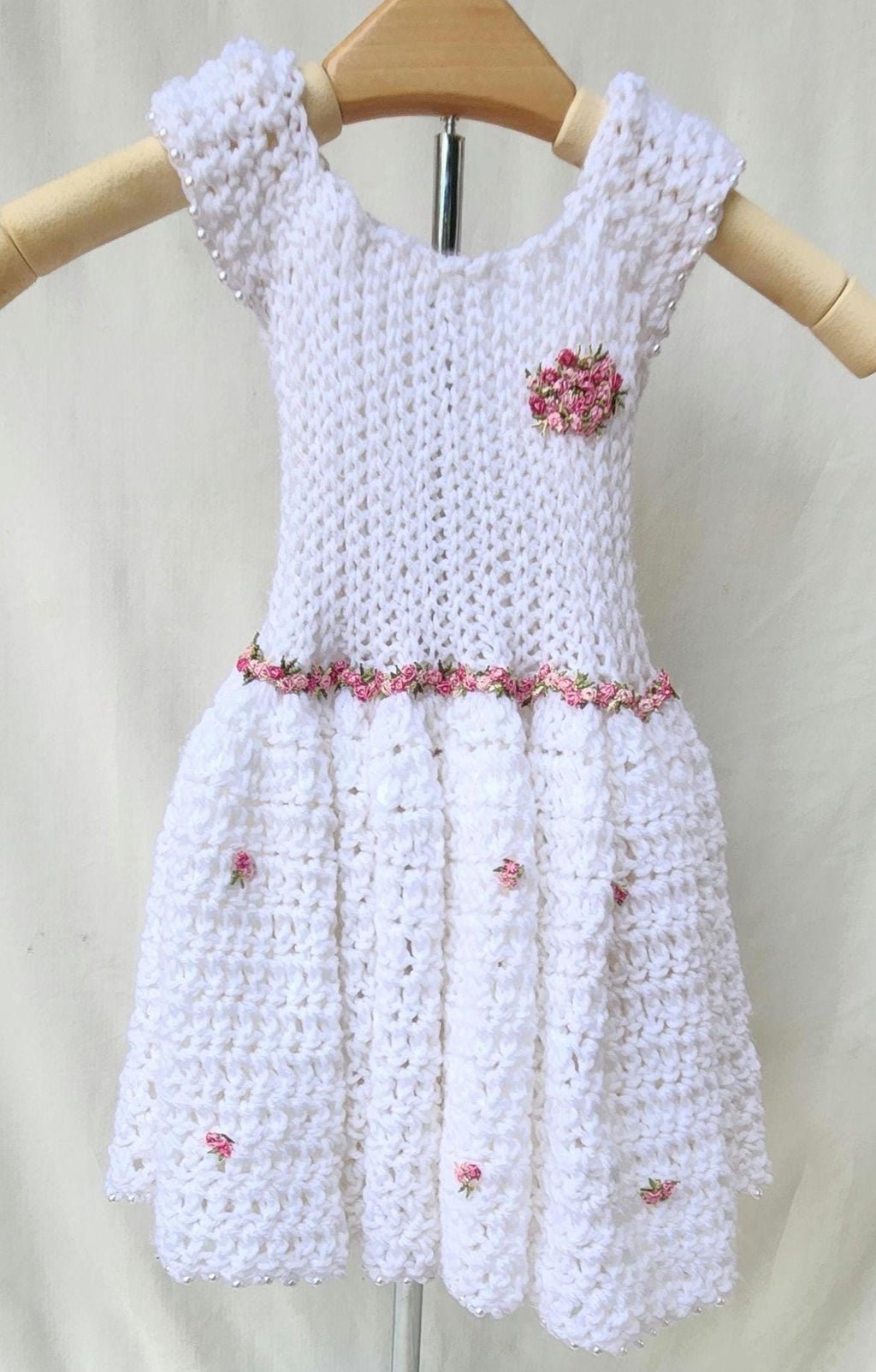 Lacy White Handmade Dress for Girls: Pink Flower Lace Trim Beaded-Edge Sleeveless Crochet Gown for Toddlers; Warm Gifts for Girls and Moms