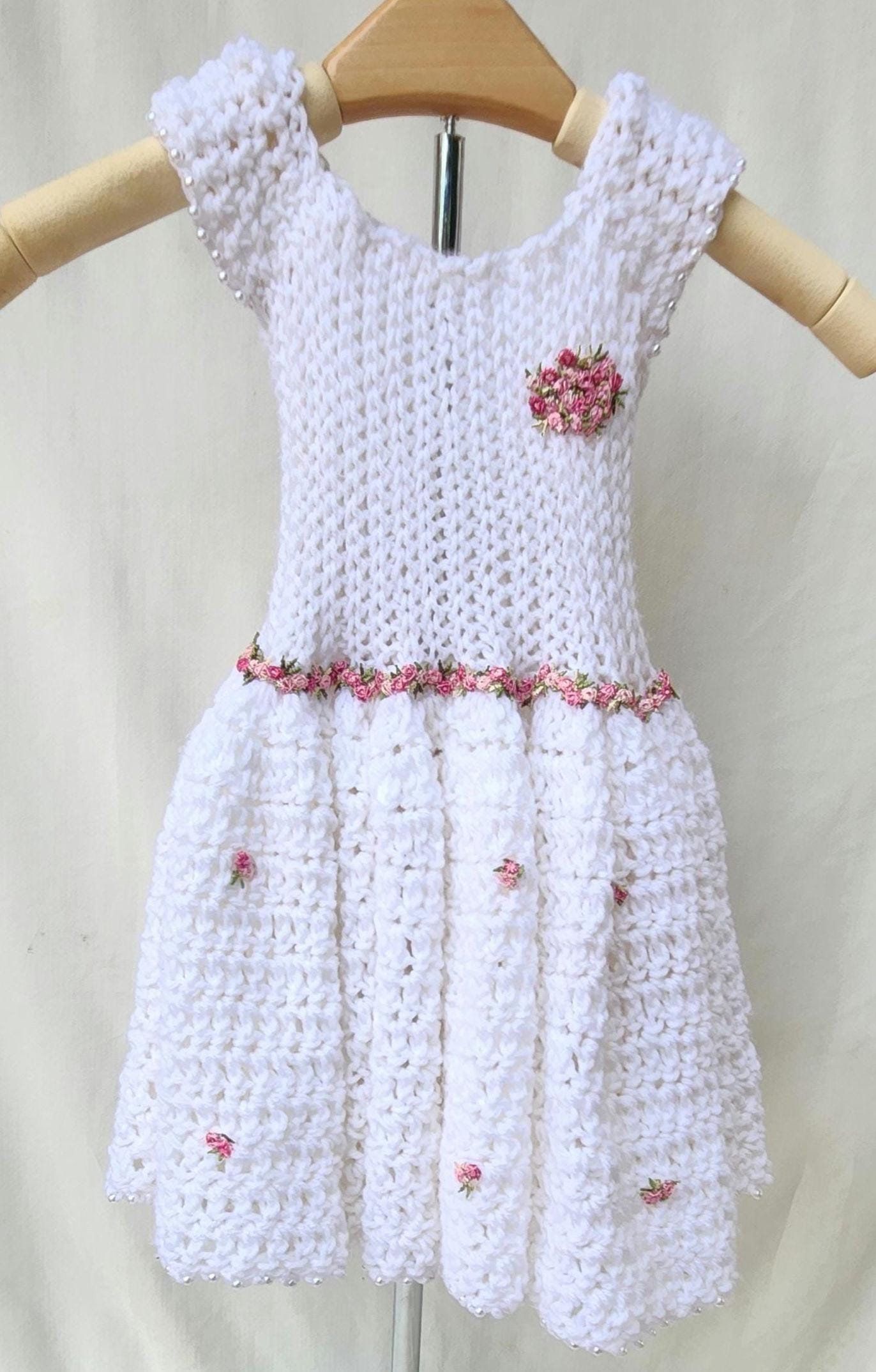 Lacy White Handmade Dress for Girls: Pink Flower Lace Trim Beaded-Edge Sleeveless Crochet Gown for Toddlers; Warm Gifts for Girls and Moms