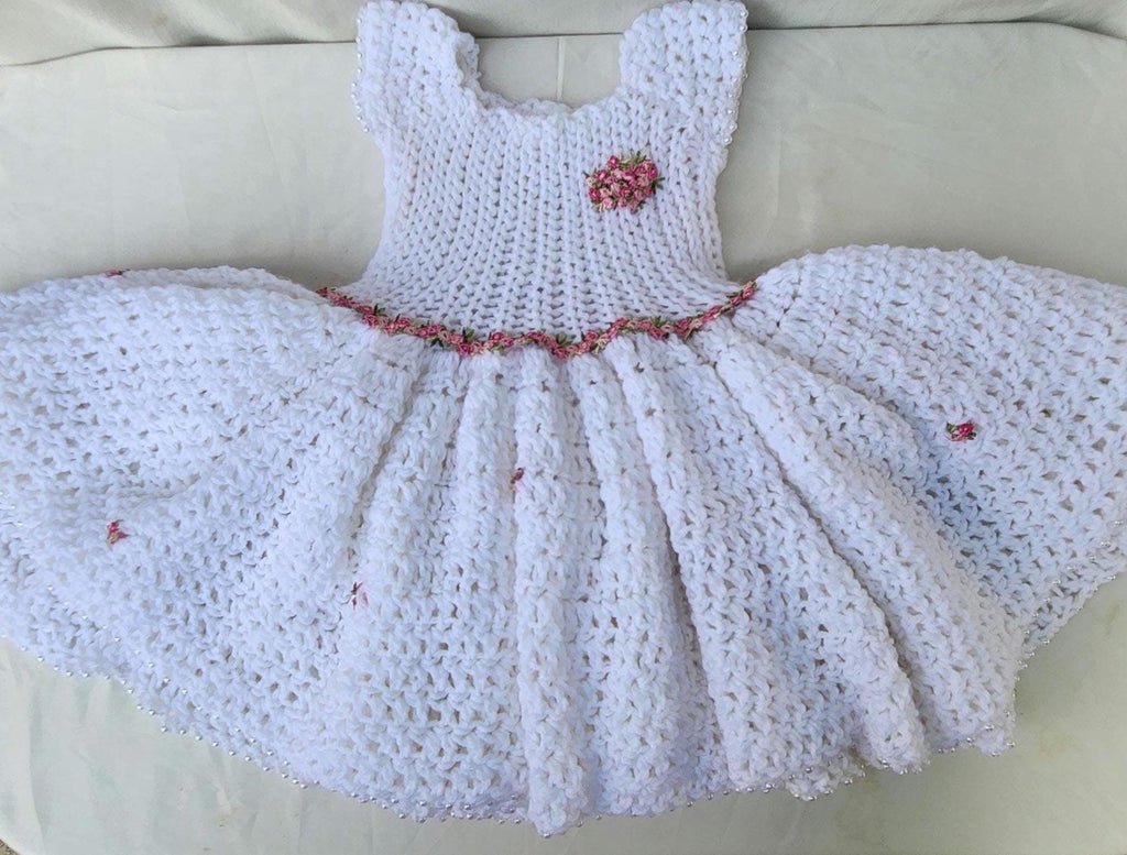 Lacy White Handmade Dress for Girls: Pink Flower Lace Trim Beaded-Edge Sleeveless Crochet Gown for Toddlers; Warm Gifts for Girls and Moms