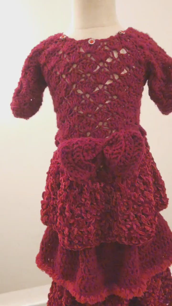 Handmade Crochet Toddler Dress: Red Velvet Layered Princess Costume with Bow