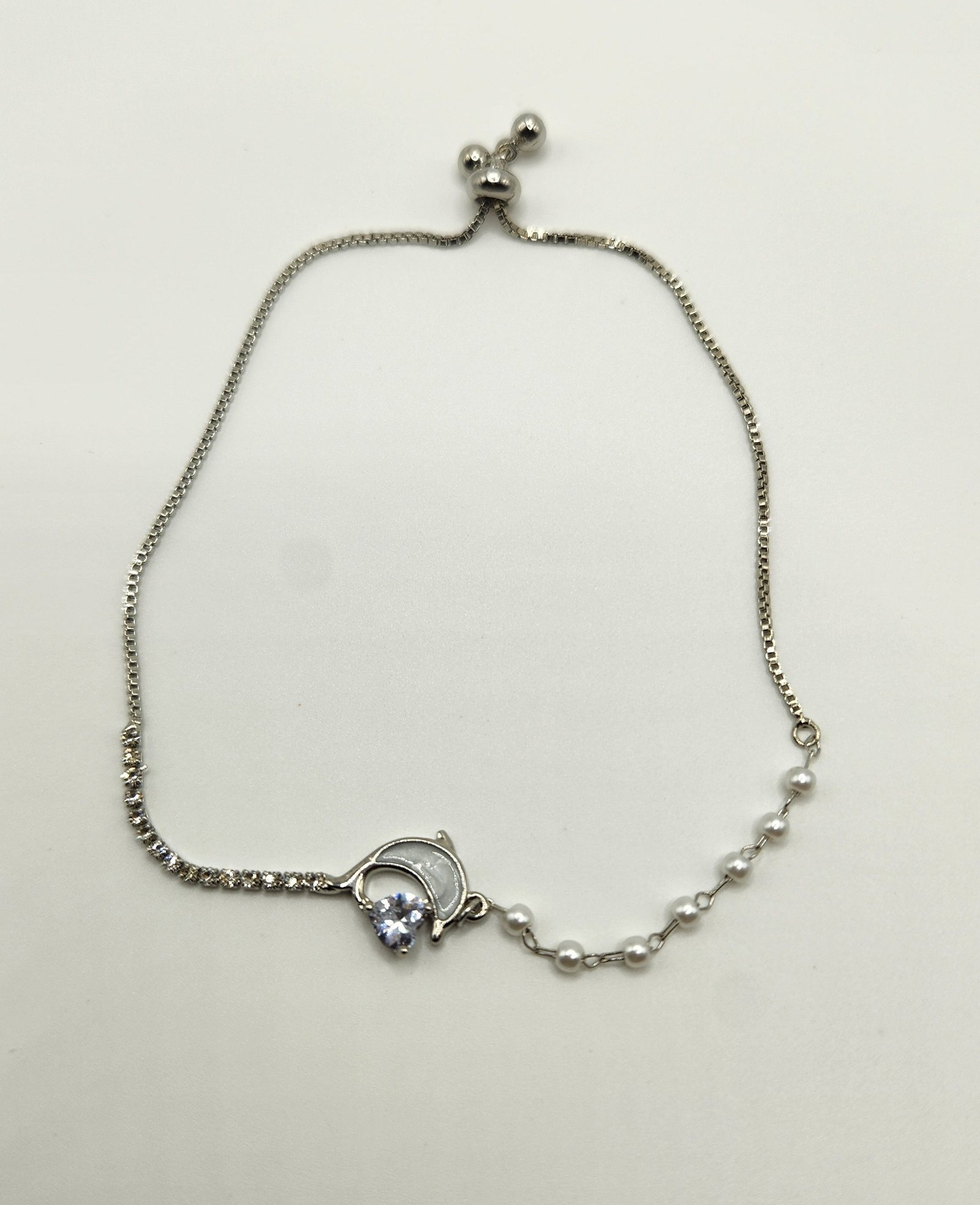 Dolphin & Love Pendant Pearl Rhinestone Chain Bracelet Jewelry for Women; Adjustable fit; Sensitive Skin; Perfect for Gifting